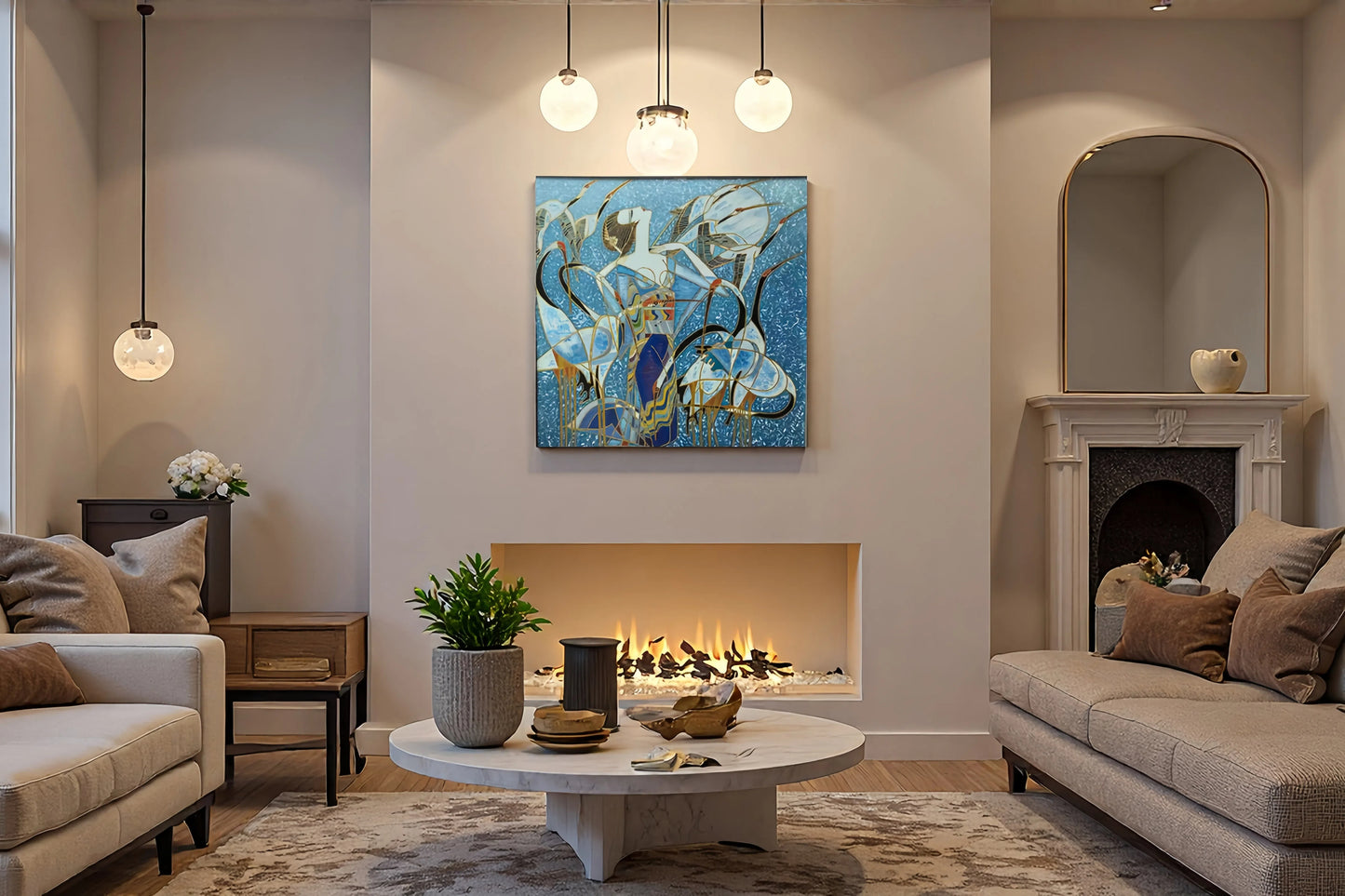 Cranes and Court Lady – Original Oil Painting on Canvas | 31.5 × 31.5 in (Framed: 37.4 × 37.4 in)