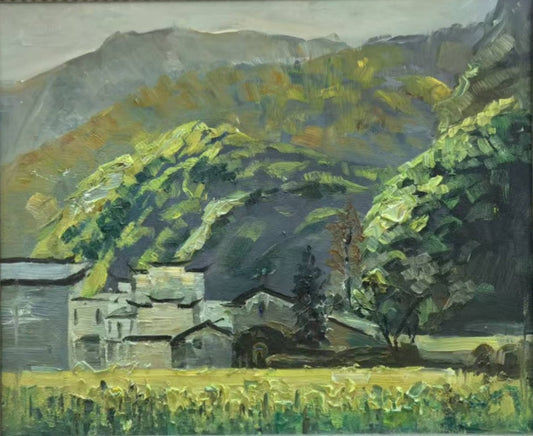 Framed Original Oil Painting – Chinese Mountain Village Landscape, Hand-Painted Wall Art, Ready to Hang-61.5cm × 71.5 cm/24.2 in × 28.2 in