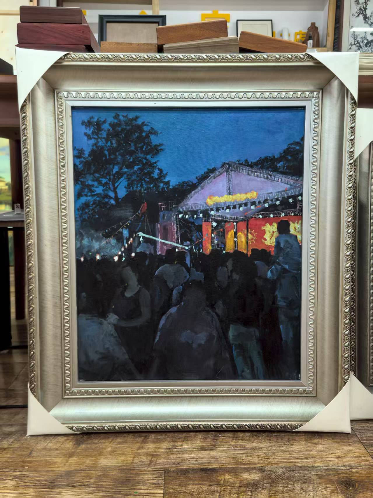 Framed Original Oil Painting – Night Temple Fair, Chinese Town Festival, Nocturne Landscape-67cm × 78 cm – Ready to Hang by Magicbear-Art Artist