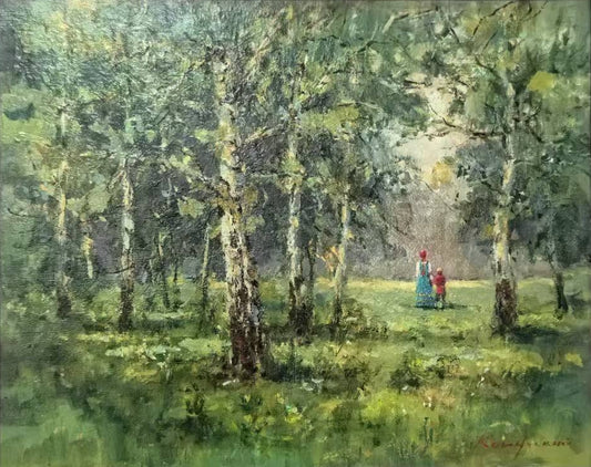 Birch Grove – Original Hand-Painted Oil Painting on Canvas, Impressionist Landscape Wall Art, 53×63 cm/20.9 in × 24.8 in Framed, Ready to Hang