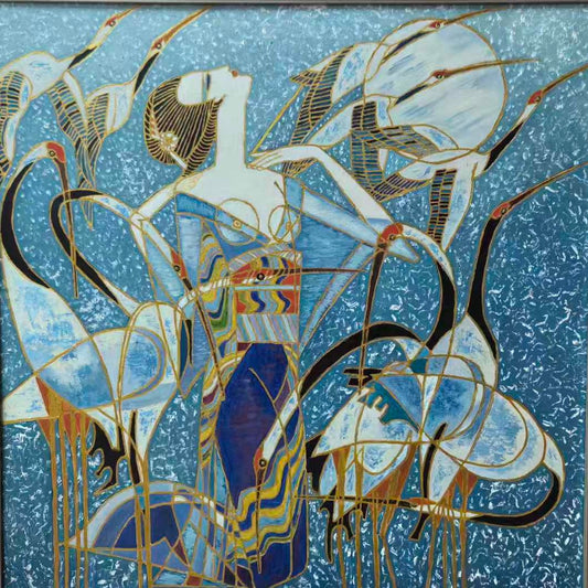 Cranes and Court Lady – Original Oil Painting on Canvas | 31.5 × 31.5 in (Framed: 37.4 × 37.4 in)
