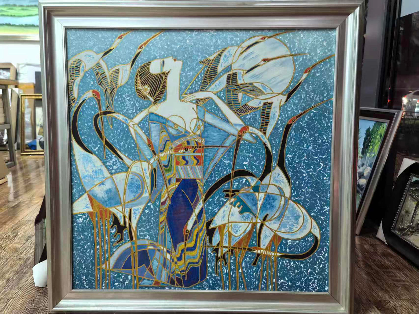 Cranes and Court Lady – Original Oil Painting on Canvas | 31.5 × 31.5 in (Framed: 37.4 × 37.4 in)
