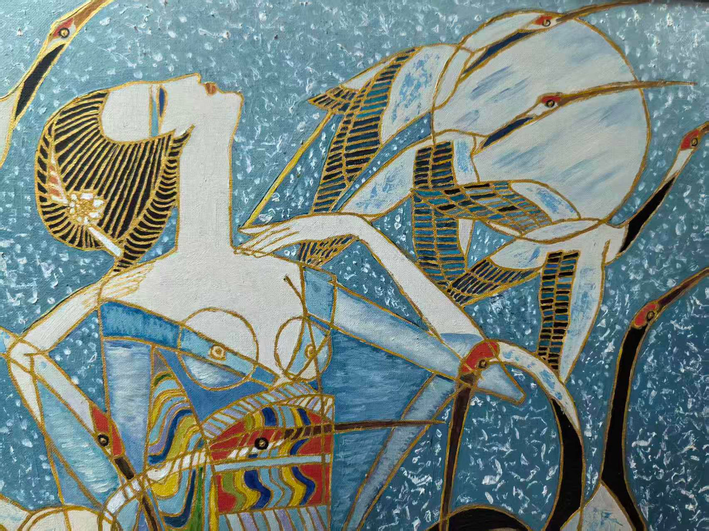 Cranes and Court Lady – Original Oil Painting on Canvas | 31.5 × 31.5 in (Framed: 37.4 × 37.4 in)