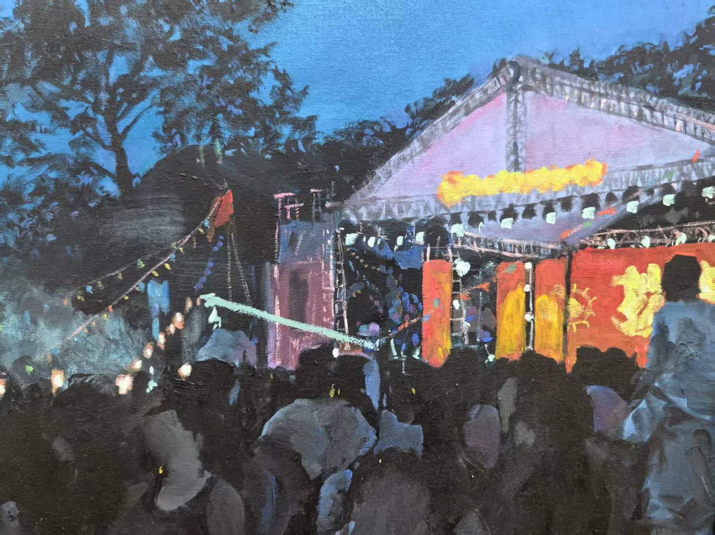Framed Original Oil Painting – Night Temple Fair, Chinese Town Festival, Nocturne Landscape-67cm × 78 cm – Ready to Hang by Magicbear-Art Artist