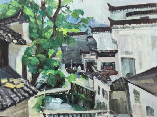 Hometown Rooflines – Original Art Hand-Painted One-of-a-Kind 15.7 × 19.7 in, Wall Hangings