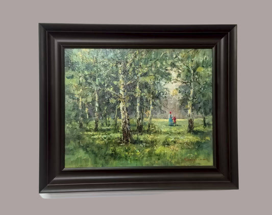 Sunlit Forest Walk – Original Hand-Painted Oil Painting on Canvas, Impressionist Landscape Wall Art, 40×50 cm (53×63 cm Framed), Ready to Hang