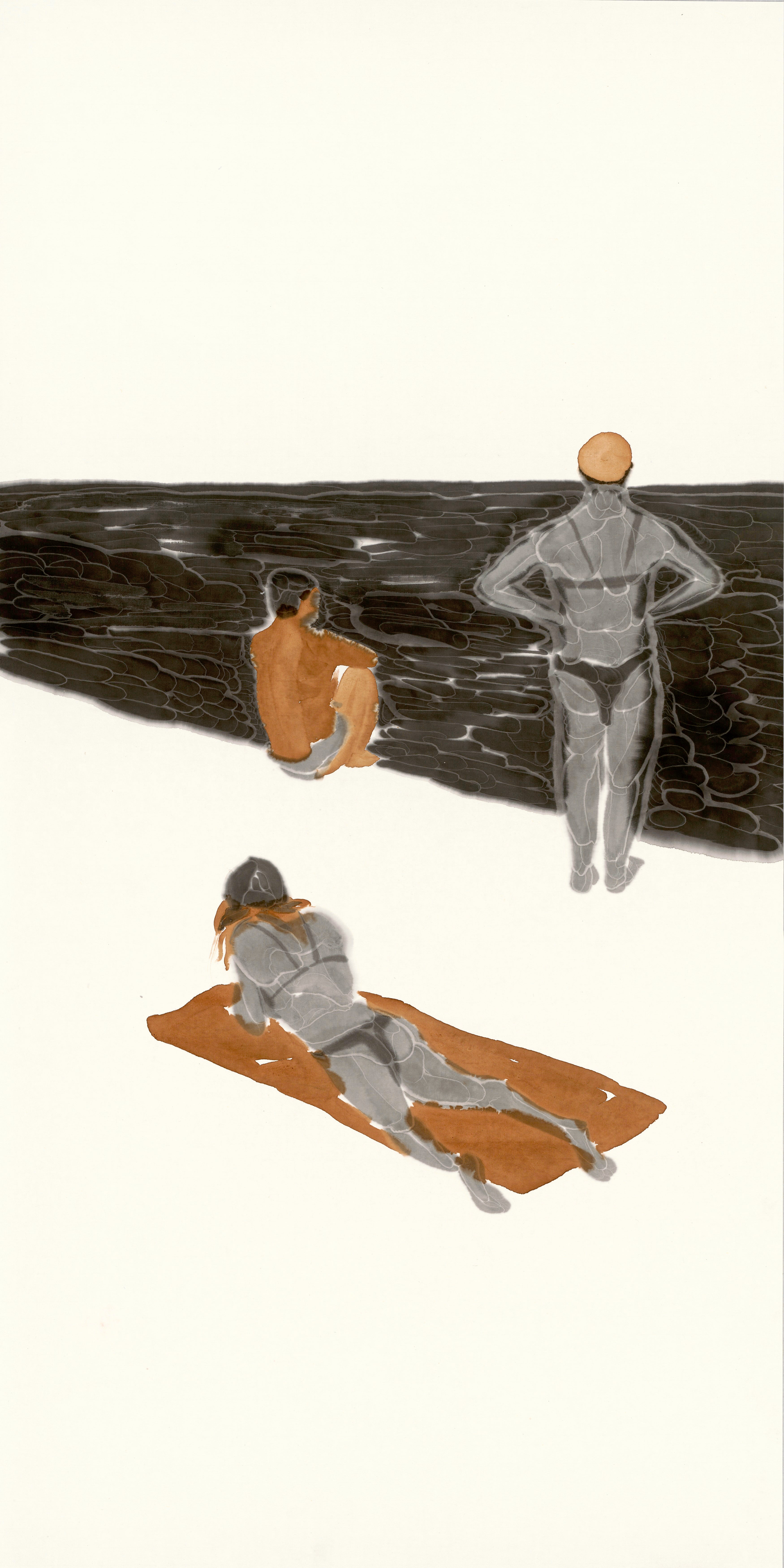 Original contemporary ink painting 'Looking at the Sea' by He Jun, unique tea-infused ink technique on thick Xuan paper, exhibited at 2025 Shanghai Zero Point Exhibition, dark gold aluminum frame.