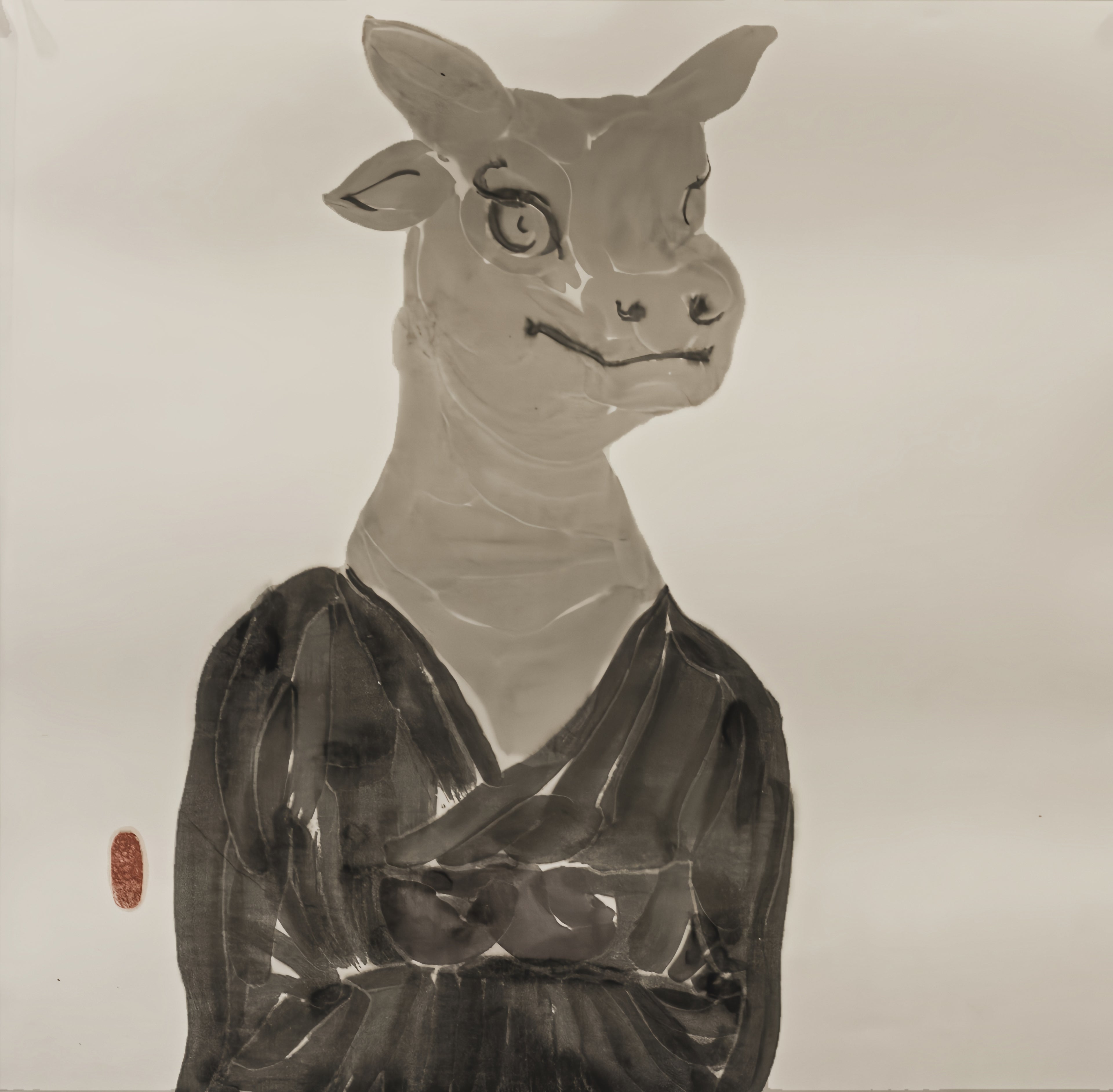 Original contemporary Chinese ink painting 'Portraits of the Self' by He Jun, symbolic animal portrait on thick Xuan paper with gold frame, spiritual zen wall art for modern office or study, high-end fine art collectible.