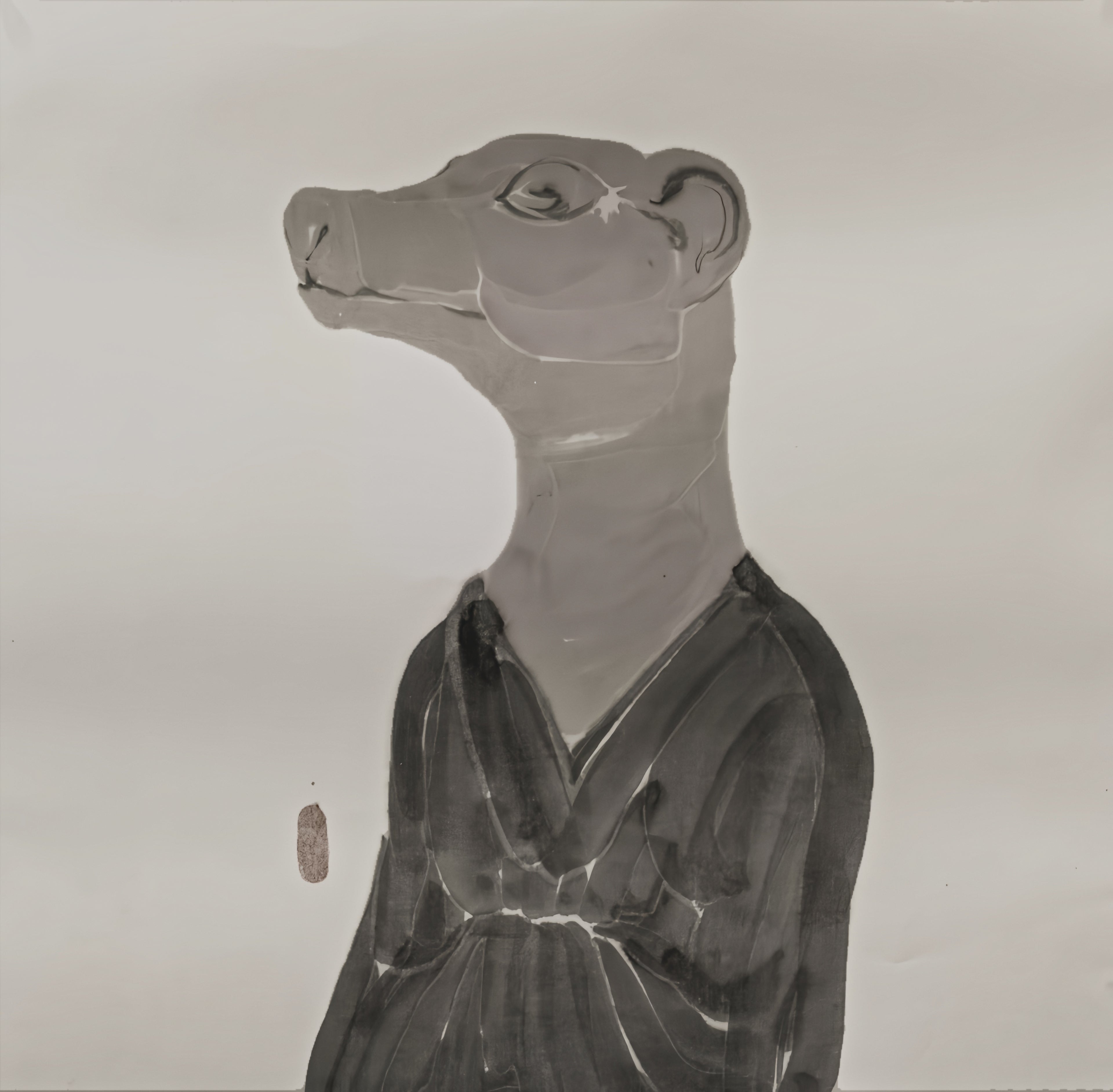 Original contemporary Chinese ink painting 'Portraits of the Self' by He Jun, symbolic animal portrait on thick Xuan paper with gold frame, spiritual zen wall art for modern office or study, high-end fine art collectible.