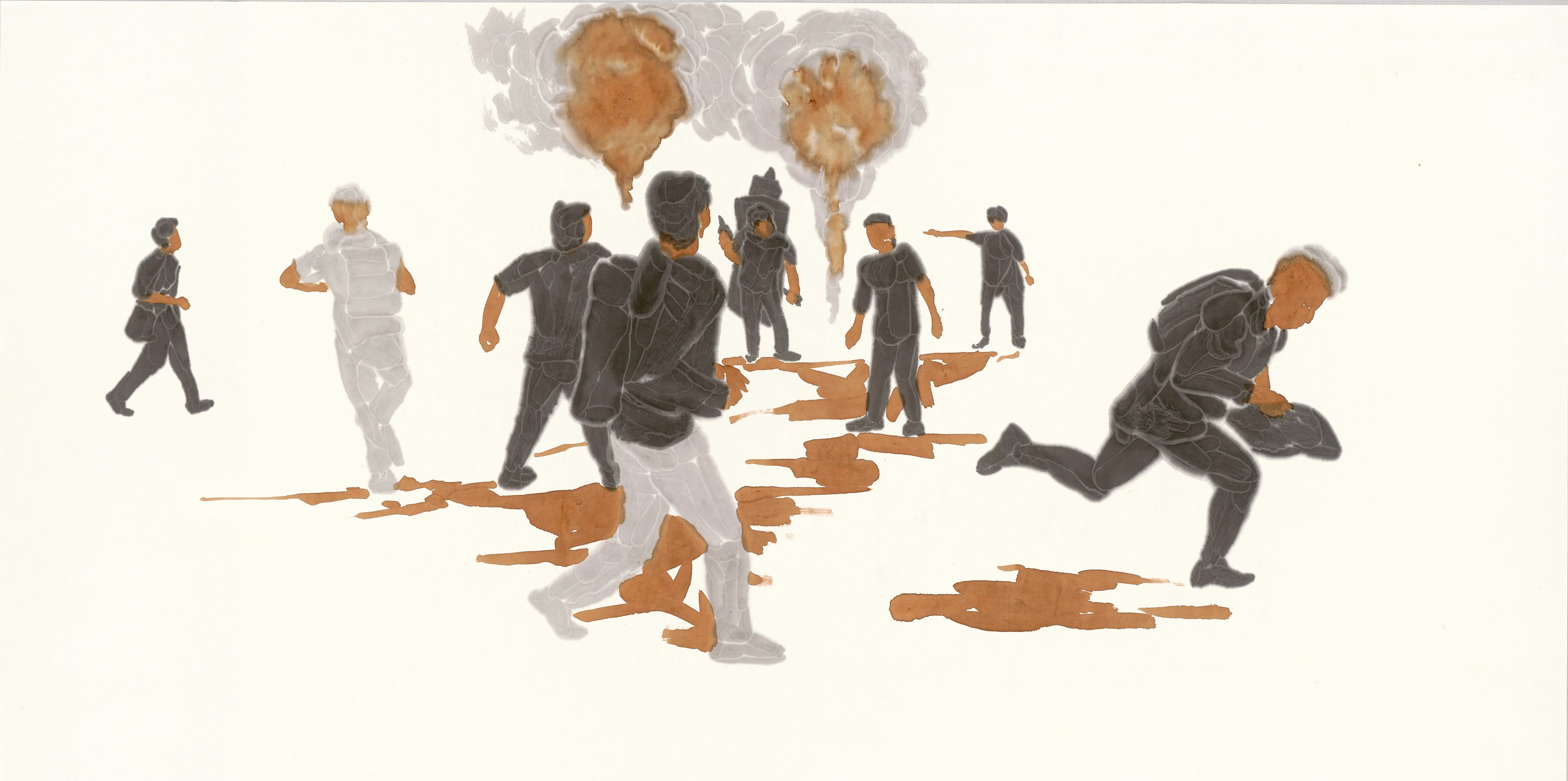 Original contemporary ink painting by He Jun from the Shout series, unique technique using ink and brewed tea on thick Xuan paper, exhibited at 2025 Shanghai Zero Point Exhibition, brushed dark-gold frame.