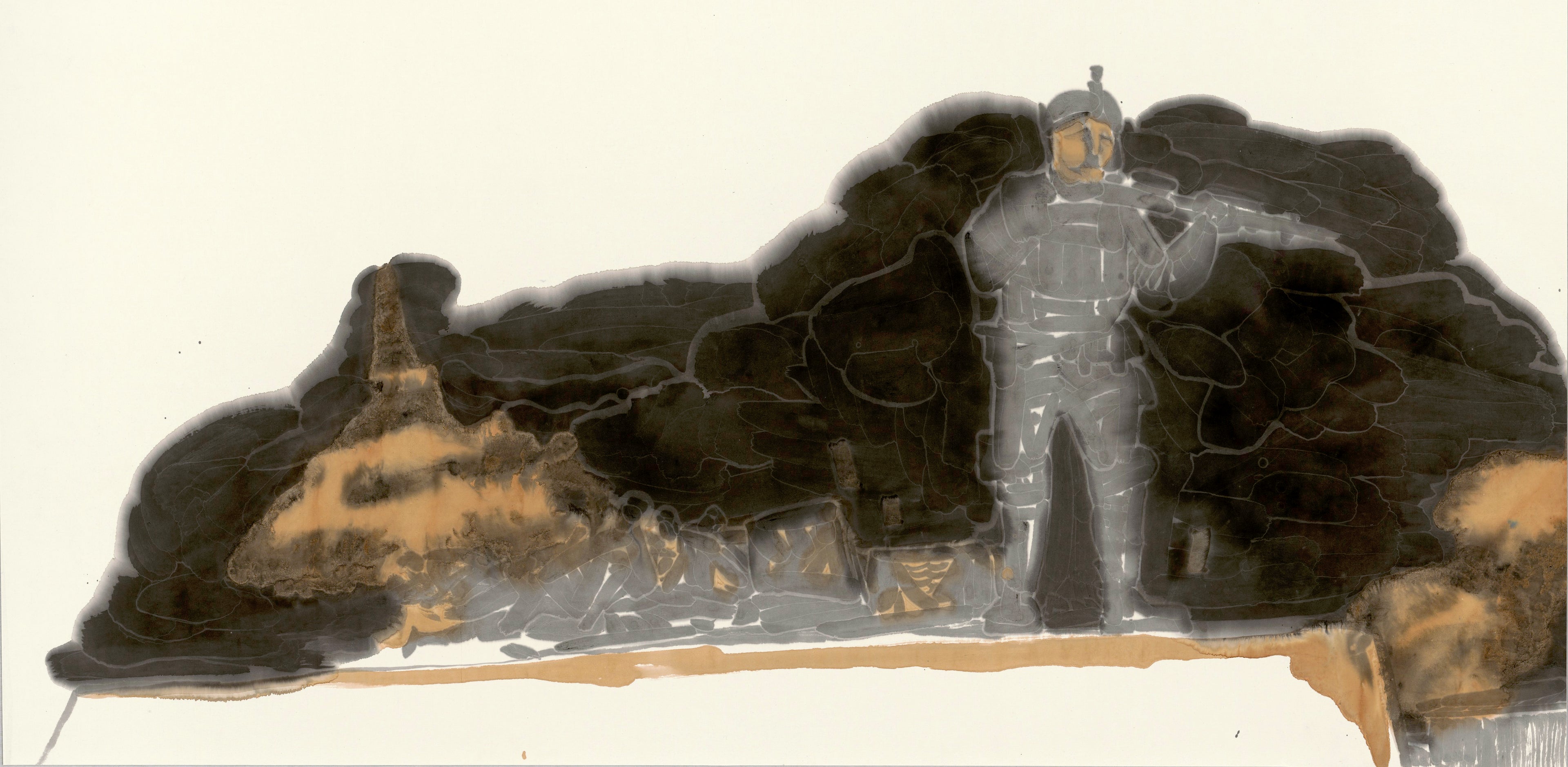 Original contemporary ink painting by He Jun from the Shout series, depicting a lone soldier in smoky ink and brewed tea on thick Xuan paper, exhibited at 2025 Shanghai Zero Point Exhibition, framed in dark-gold aluminum.
