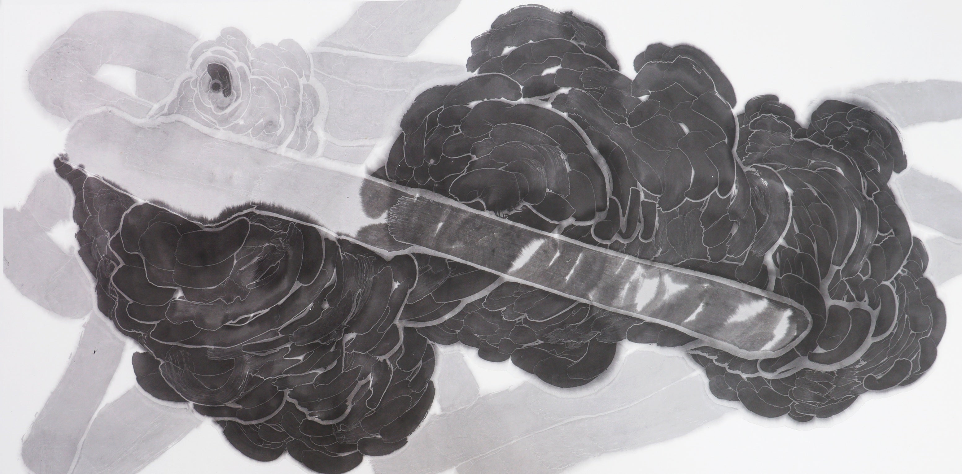 Original contemporary Chinese ink painting by He Jun from The New Species series, abstract future life forms on Xuan paper, exhibited at 2025 Shanghai Zero Point Solo Exhibition, framed in dark gold aluminum.