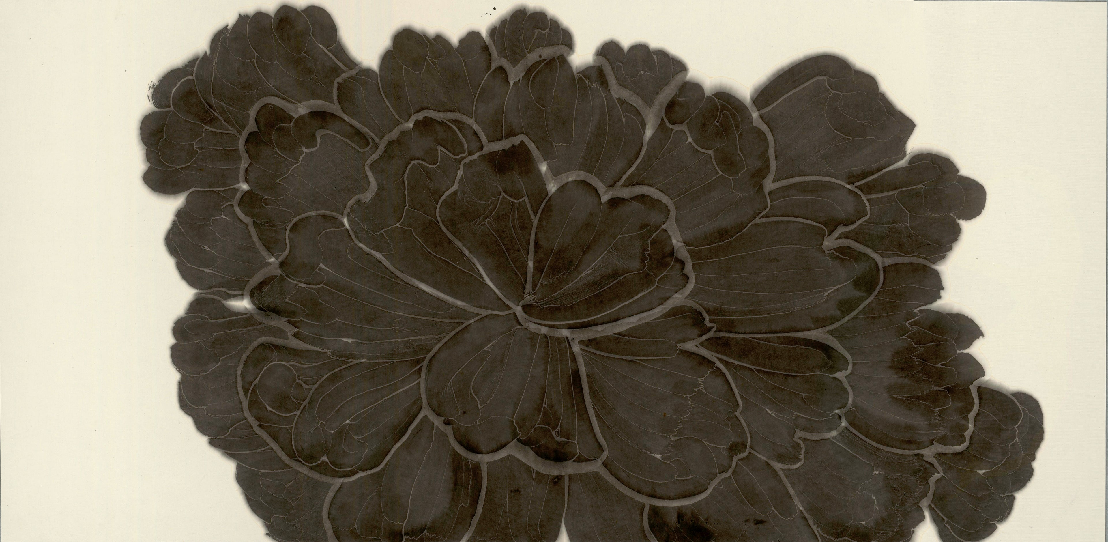 Original contemporary ink painting by He Jun from The New Species series, abstract life form evolving on thick Xuan paper, exhibited at 2025 Shanghai Zero Point Exhibition, dark-gold aluminum frame.