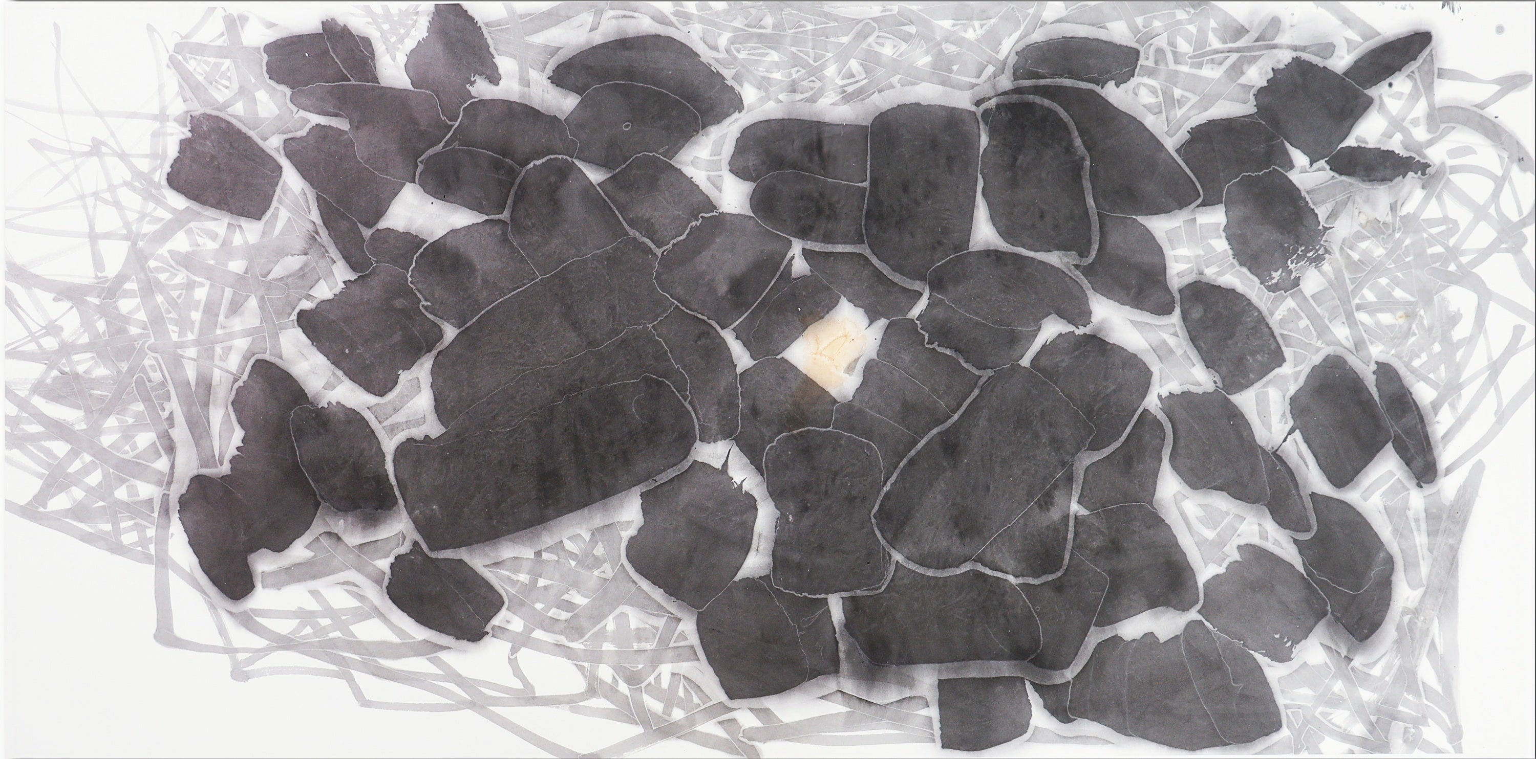 Original contemporary Chinese ink painting by He Jun from The New Species series, abstract cosmic life forms on Xuan paper, exhibited at 2025 Shanghai Zero Point Exhibition, dark gold aluminum frame.