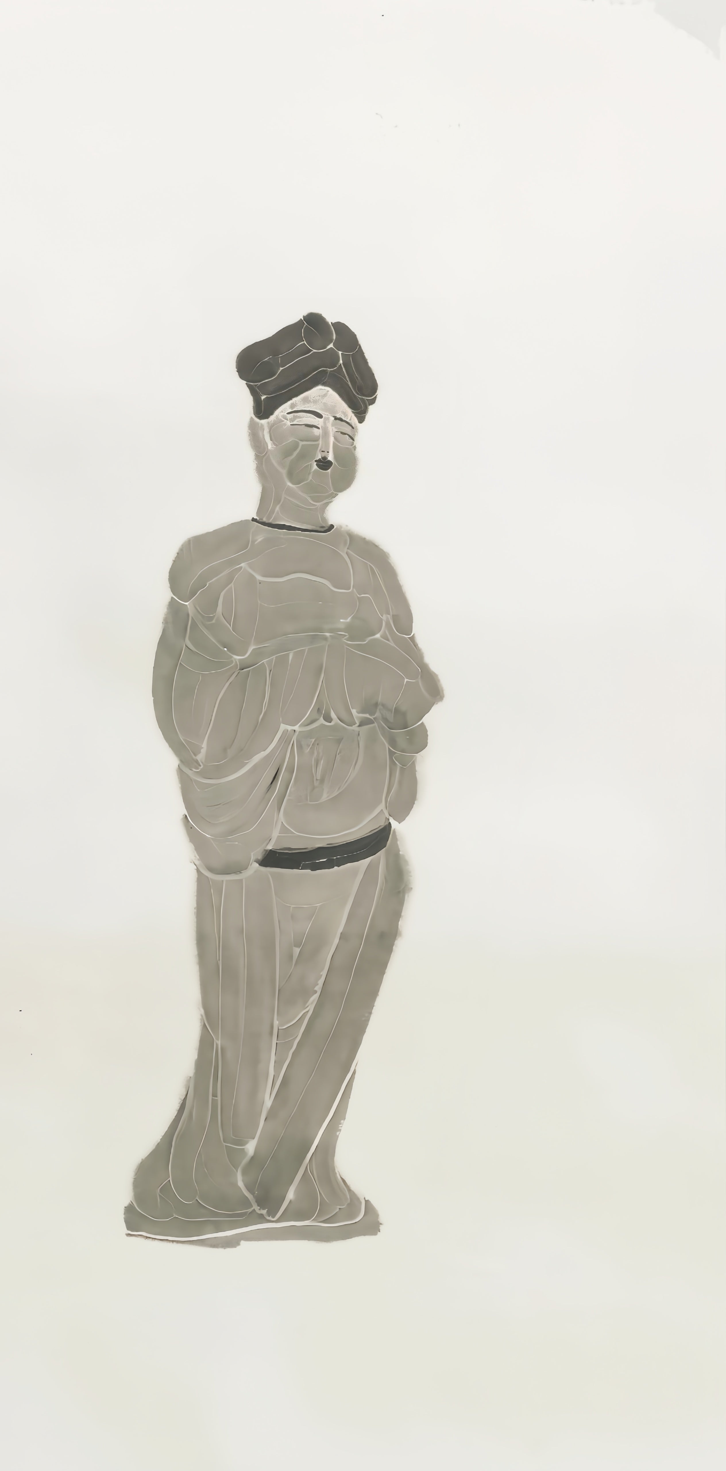Model (2024) by He Jun, a contemporary Chinese ink painting on paper, depicting a Tang dynasty–inspired female figure, presented in a gold aluminum frame with deep burgundy mat.