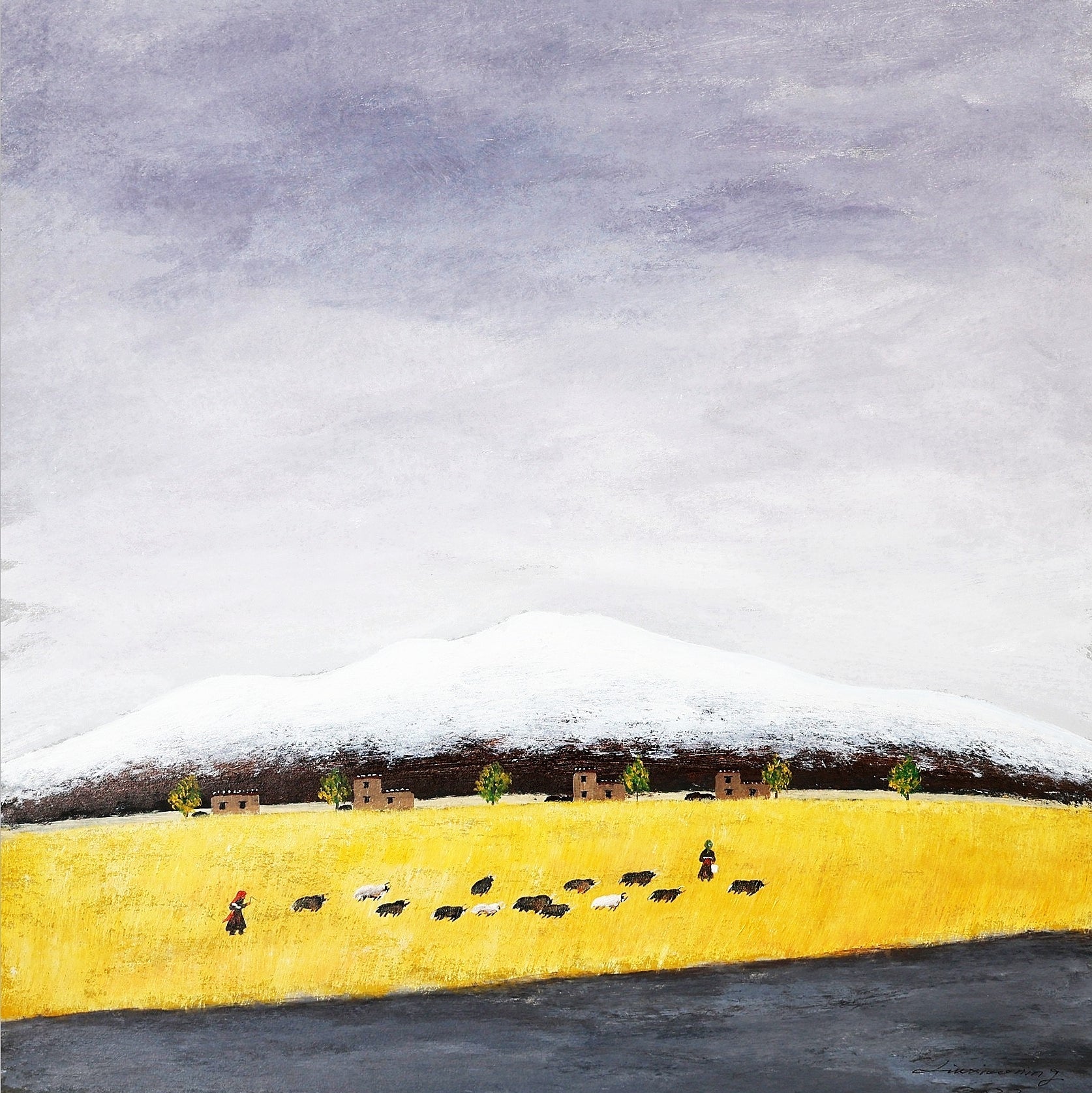 Original mixed-media painting 'Autumn on the Plateau' by Liu Xiaoning, acrylic and oil on heavyweight Xuan paper, golden fields and snow mountains, black aluminum frame with double matting.