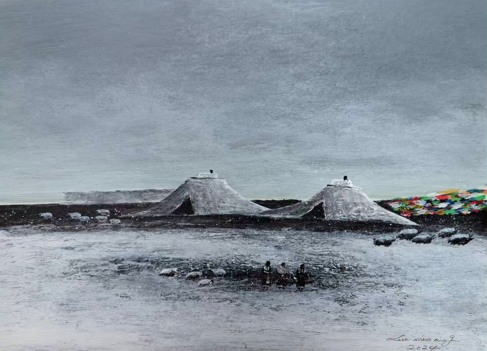 Original oil painting by Liu Xiaoning, "Dwellings on the Plateau," depicting Tibetan community and houses in a vast mountain landscape, 2024 artwork, aluminum frame.