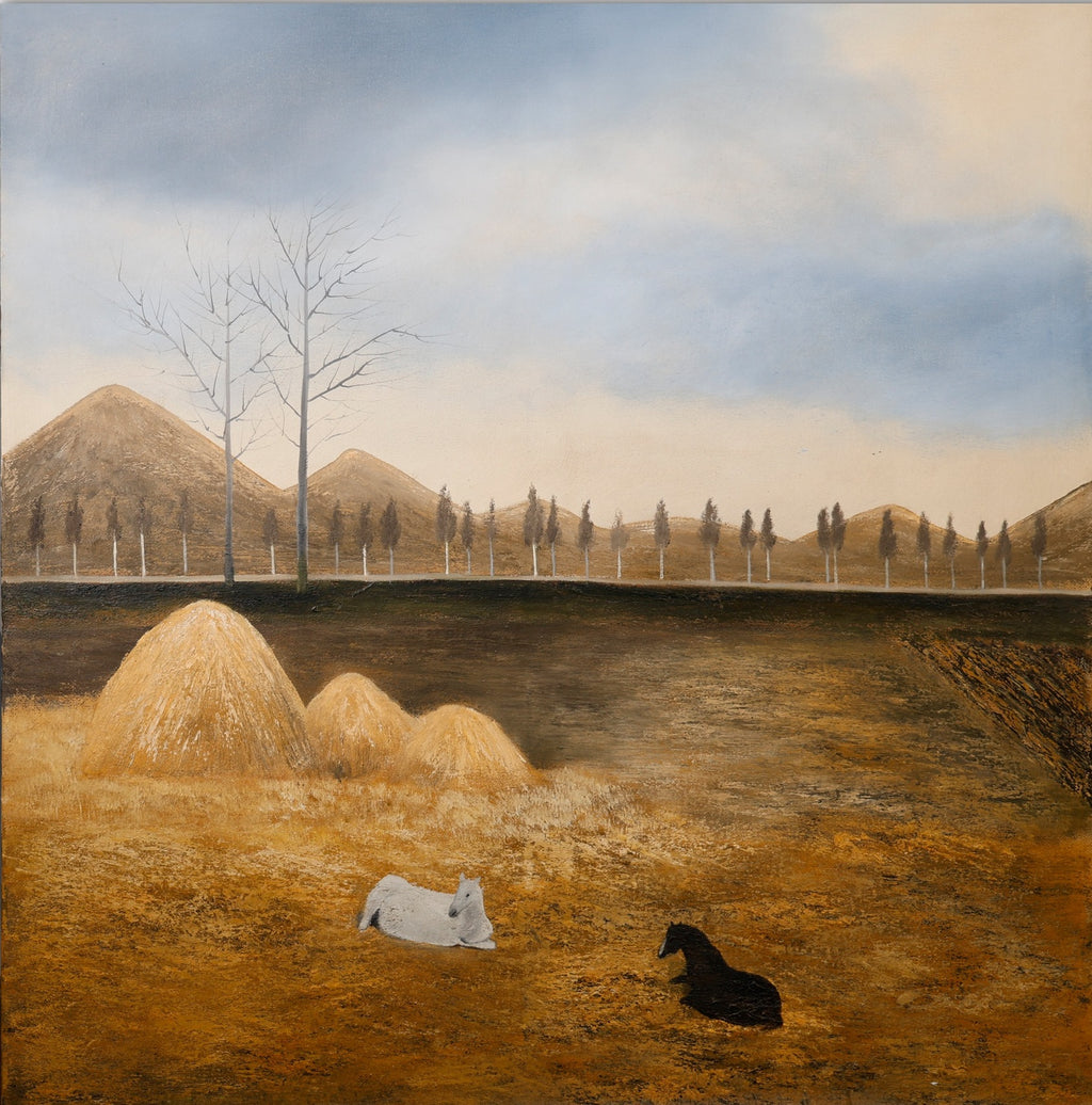 Original 2001 oil painting 'Friends on the Yellow Land' by Liu Xiaoning, early childhood-style art featuring black and white horses in Shaanxi landscape, 100x100cm stretched canvas.