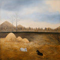 Original 2001 oil painting 'Friends on the Yellow Land' by Liu Xiaoning, early childhood-style art featuring black and white horses in Shaanxi landscape, 100x100cm stretched canvas.