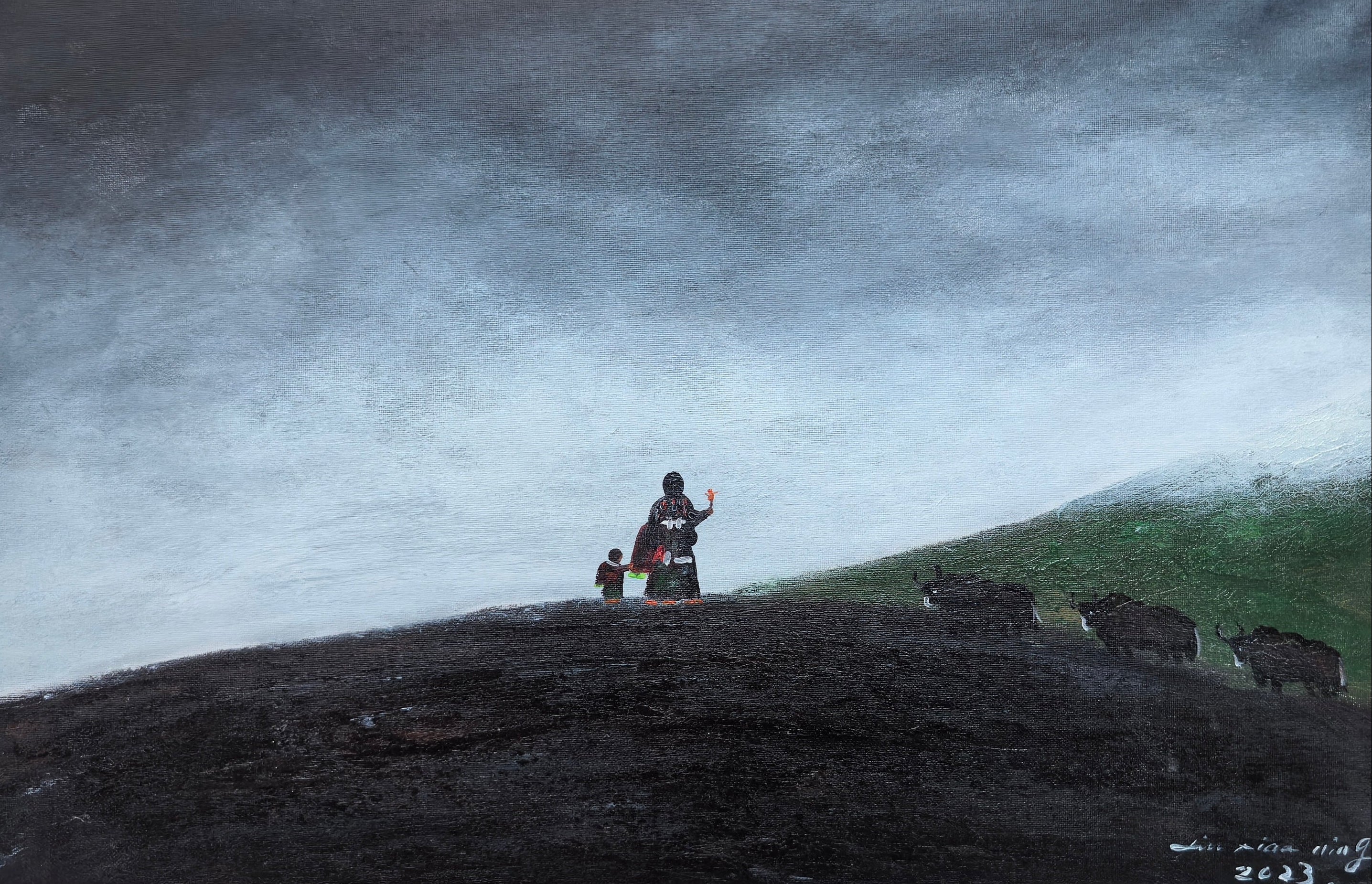 Original oil on canvas 'The Gaze Upon Tibet' by Liu Xiaoning, realistic portrait reflecting resilience and spiritual power of the plateau, premium contemporary fine art for home gallery or office decor.