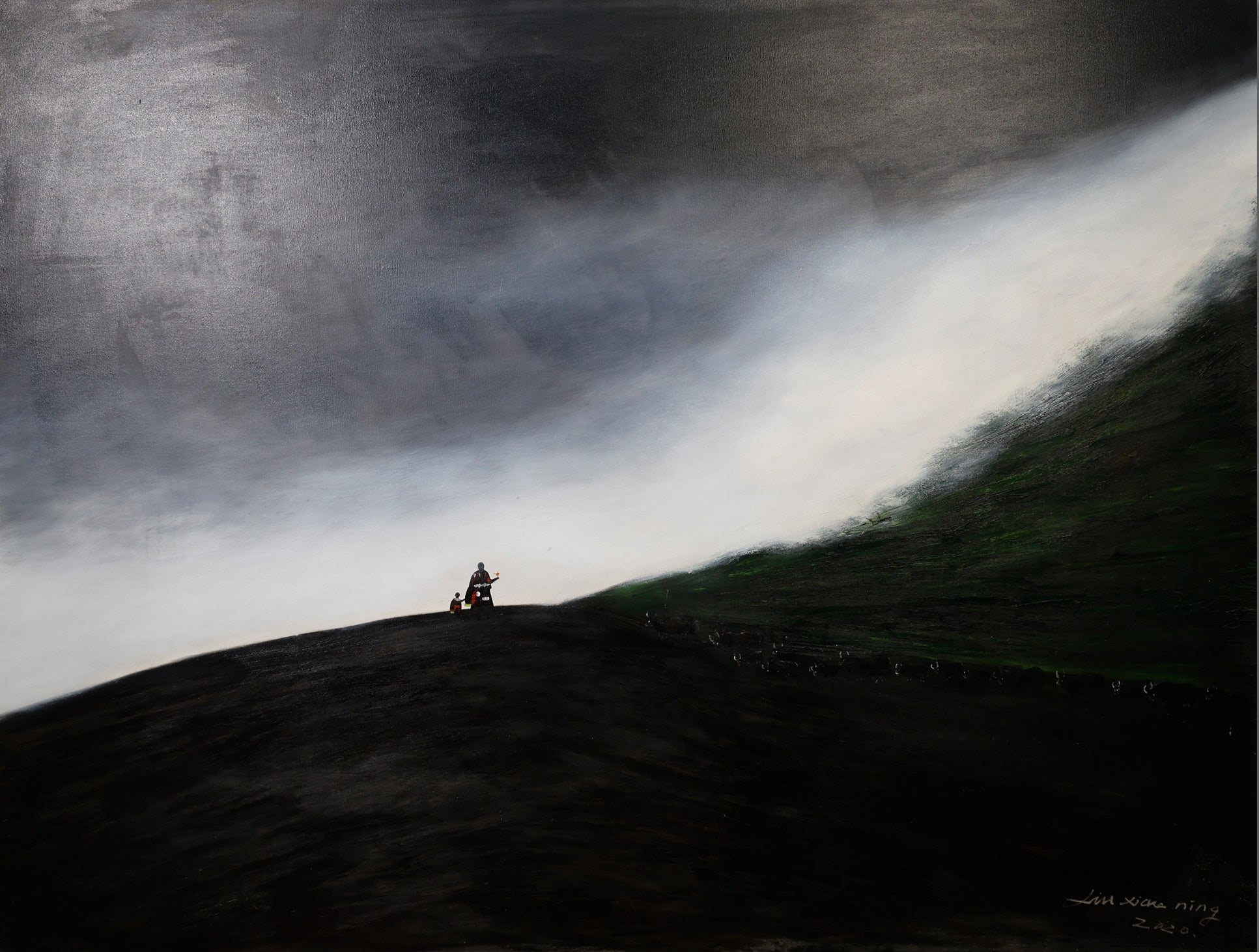 A monumental 150x200cm oil painting by Liu Xiaoning from The Gaze Upon Tibet series, featuring dramatic light and shadow on a high plateau, professionally stretched on a wooden frame.