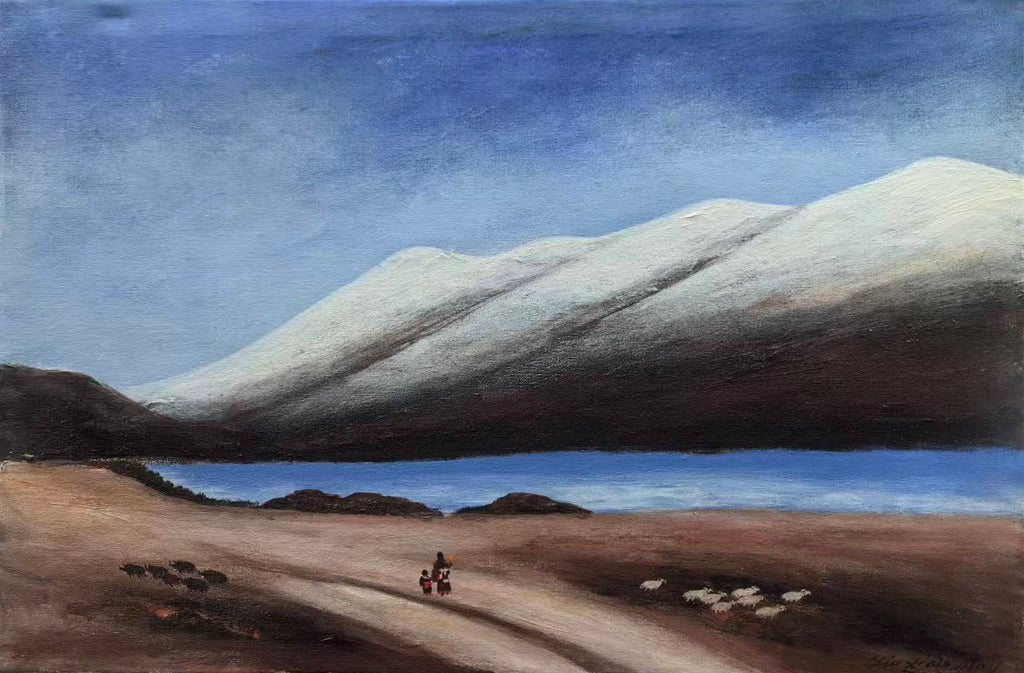 Original oil painting by Liu Xiaoning, Mother and Child on Homeward Journey in Tibet, snow mountains and blue lake landscape, 2023 artwork in aluminum frame.