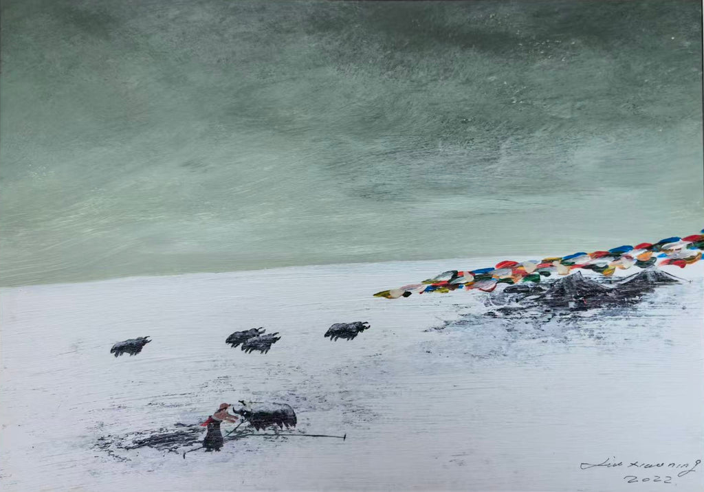 Original oil painting by Liu Xiaoning, "The Home Within Reach," featuring a Tibetan female herder and yaks in a snowstorm, theme of perseverance and daily life in Tibet.