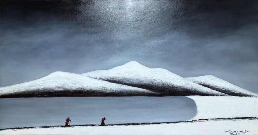 Monumental oil painting "The Pilgrims" by Liu Xiaoning, 150x80cm, portraying spiritual devotion and resilience in Tibetan snowscape, Gaze Upon Tibet series, 2025 masterpiece.