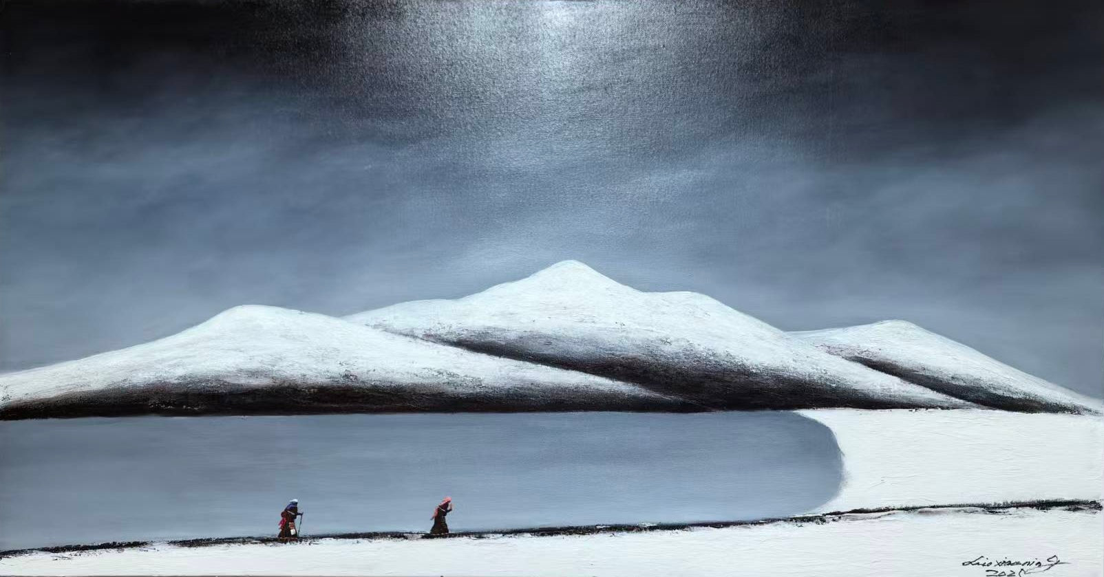 Monumental oil painting "The Pilgrims" by Liu Xiaoning, 150x80cm, portraying spiritual devotion and resilience in Tibetan snowscape, Gaze Upon Tibet series, 2025 masterpiece.