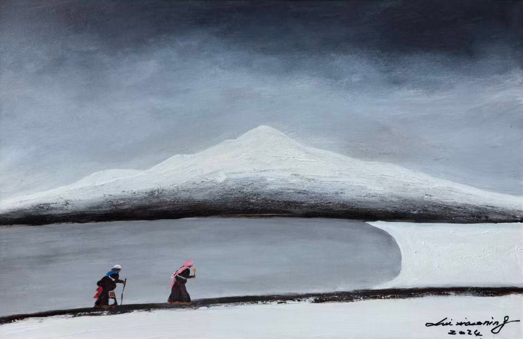 Original oil painting "The Pilgrims" by Liu Xiaoning, showing two Tibetan figures on a dark path in a snow-covered landscape, Gaze Upon Tibet series, 2024.