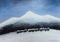 Original oil painting by Liu Xiaoning, "Yak Herders," depicting a solitary Tibetan herder in a snowy landscape, theme of resilience and spiritual mission, Gaze Upon Tibet series.