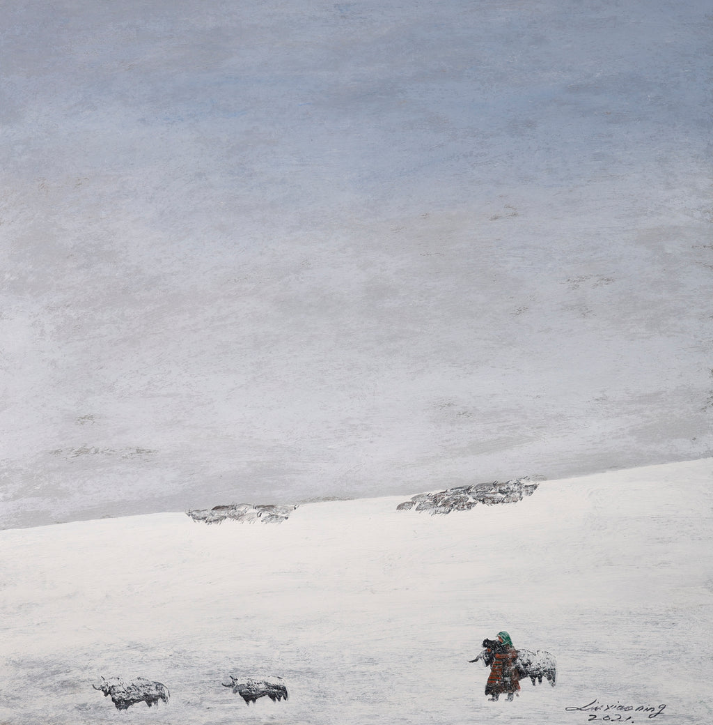 An oil painting on Xuan paper depicting a vast snowy landscape with a lone figure guiding animals across the snow, created using oil pigments on traditional Chinese Xuan paper.