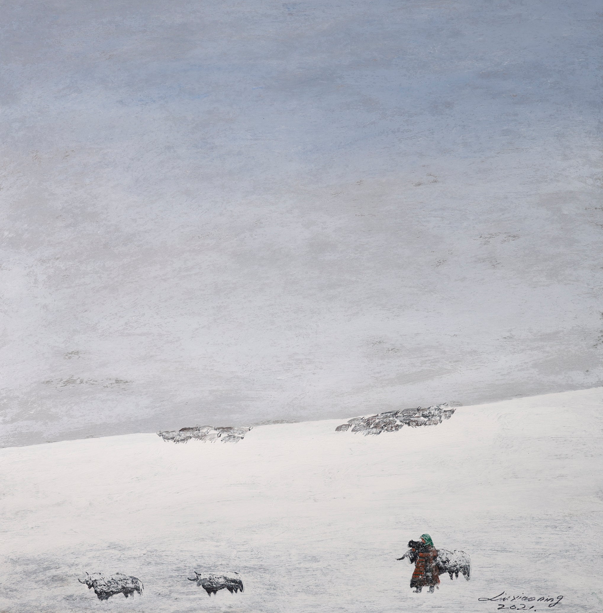 An oil painting on Xuan paper depicting a vast snowy landscape with a lone figure guiding animals across the snow, created using oil pigments on traditional Chinese Xuan paper.