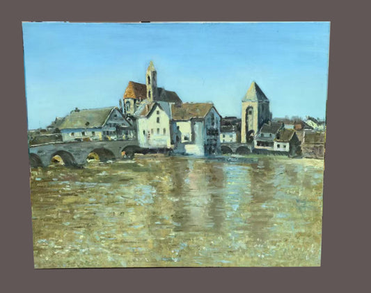 The Bridge to the Village – Original Hand-Painted Oil Painting on Canvas, European Architecture Landscape Wall Art, 50×60 cm, Unframed