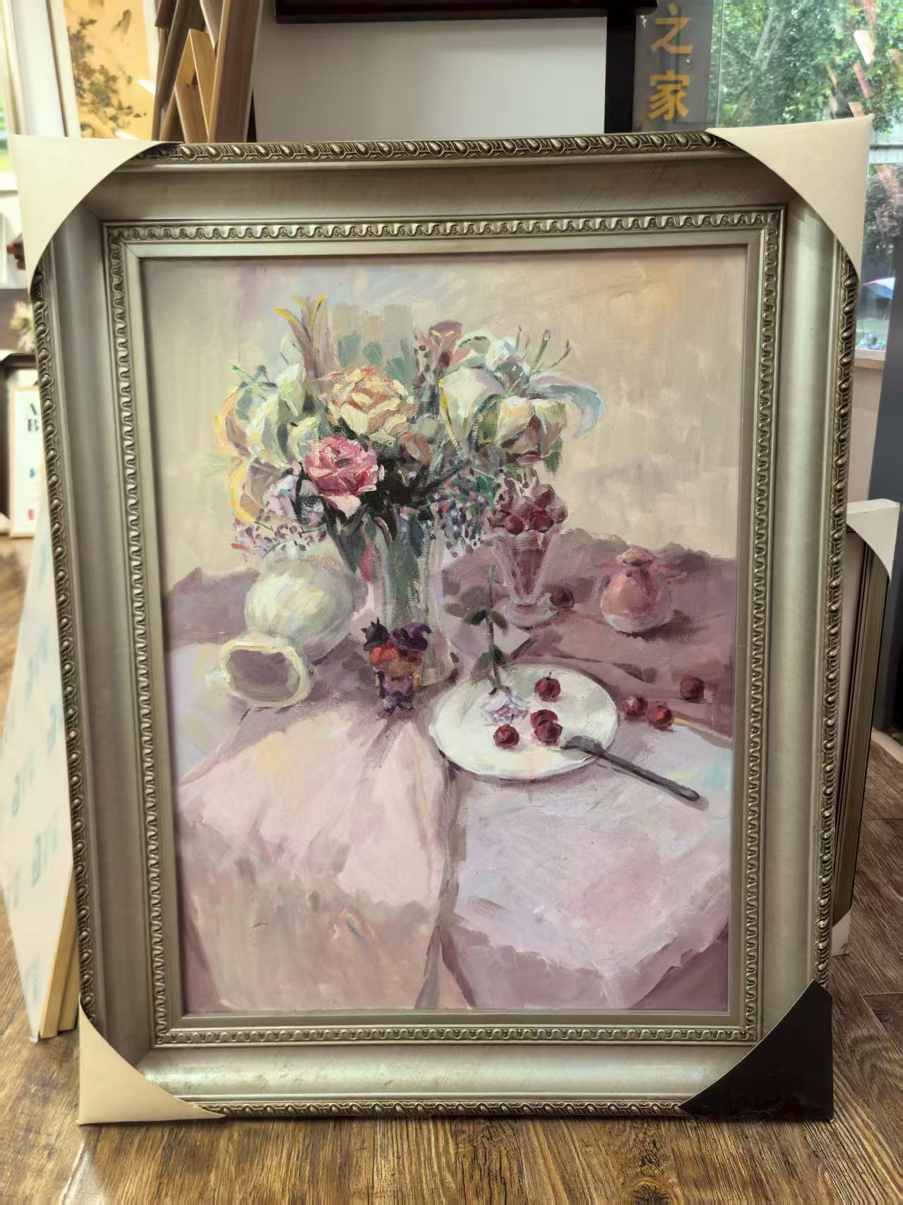 Magicbear-Art Framed Oil Painting – Still Life with Vase and Fruit, Hand-Painted Original Wall Art-77CM*98CM
