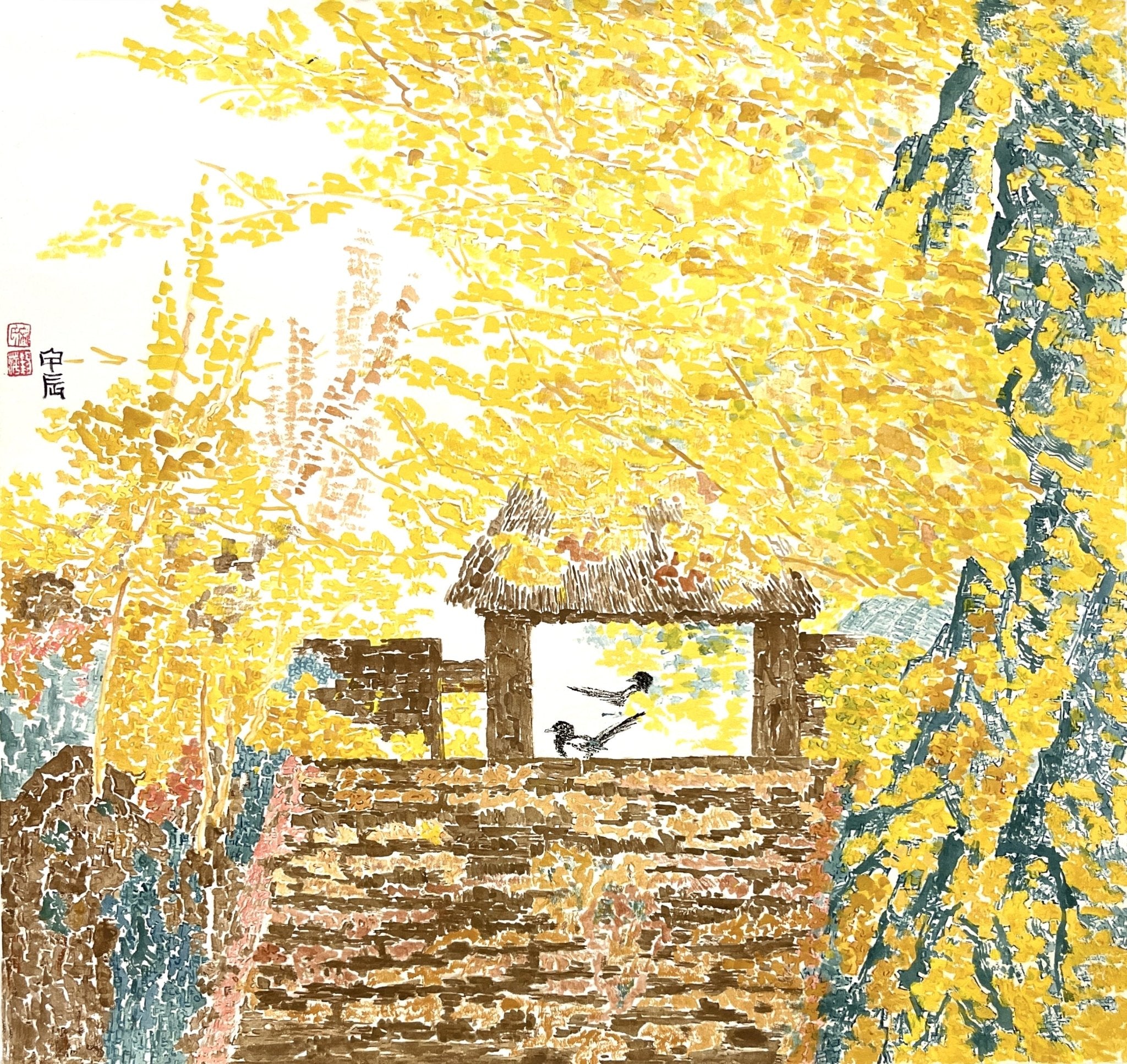 Birds Beneath Falling Autumn Leaves - 19.3''× 18.1'' | Original Painting by Chinese Artist | Magic Bear Art