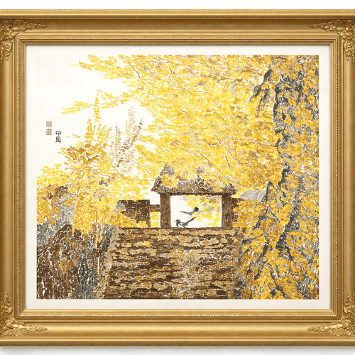 Birds Beneath Falling Autumn Leaves - 19.3''× 18.1'' | Original Painting by Chinese Artist | Magic Bear Art