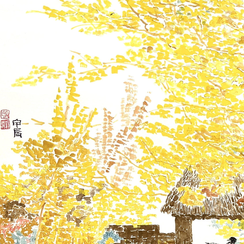 Birds Beneath Falling Autumn Leaves - 19.3''× 18.1'' | Original Painting by Chinese Artist | Magic Bear Art