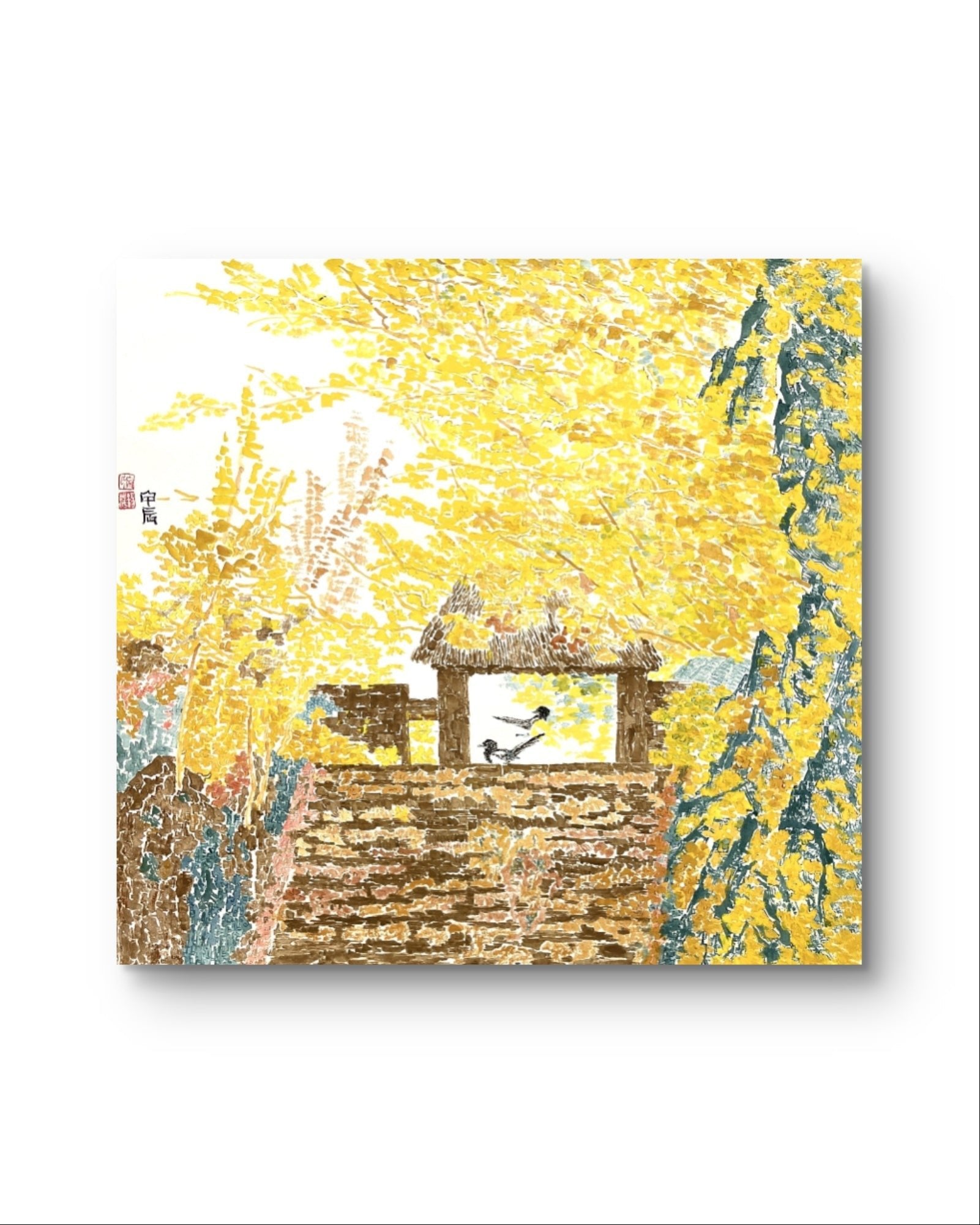 Birds Beneath Falling Autumn Leaves - Chinese Ink and color19.3''× 18.1'' | Chinese Original Painting | Magic Bear Art