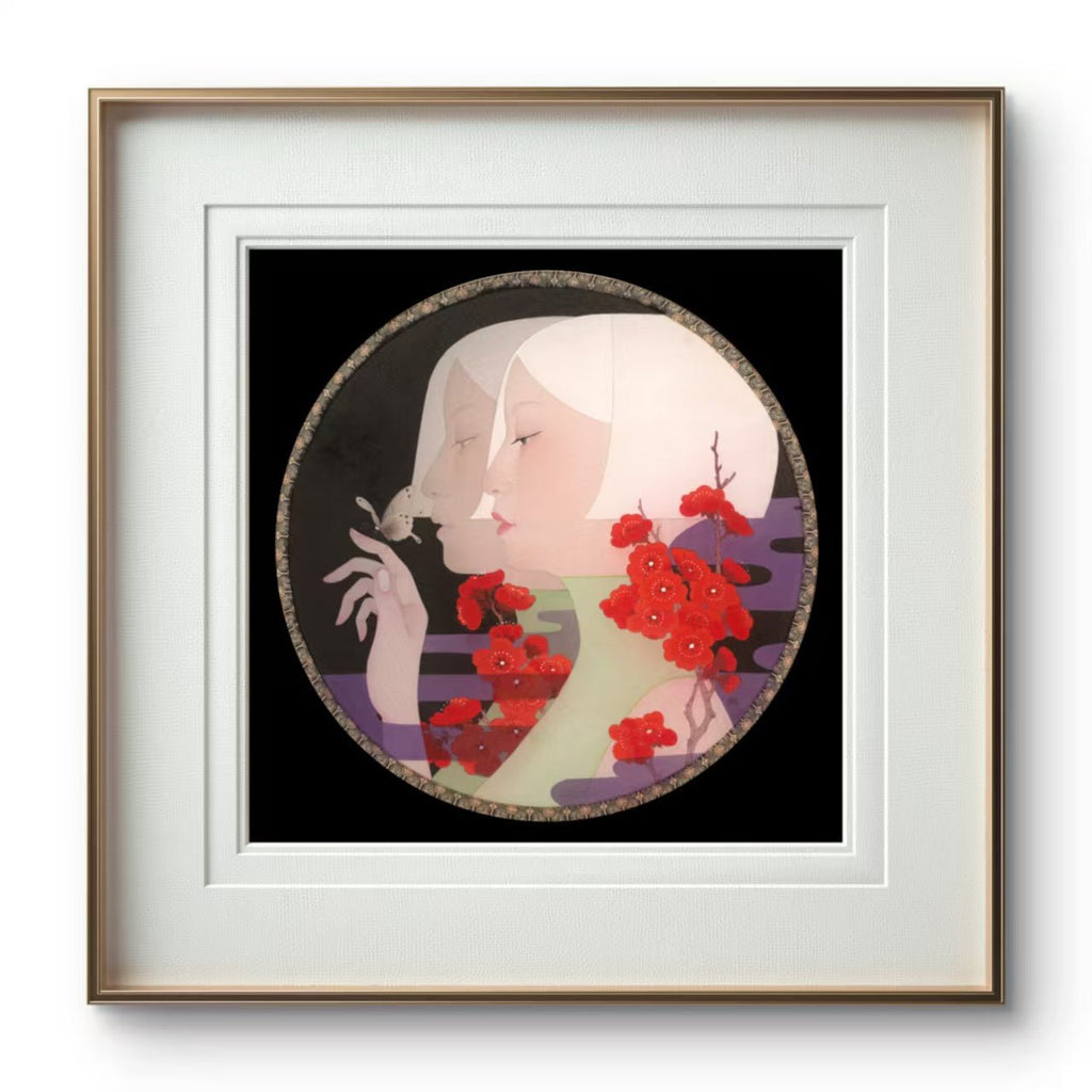 Butterfly Shadow - Ink and Color on Silk 15.7'' × 15.7'' | Chinese Original Painting | Magic Bear Art