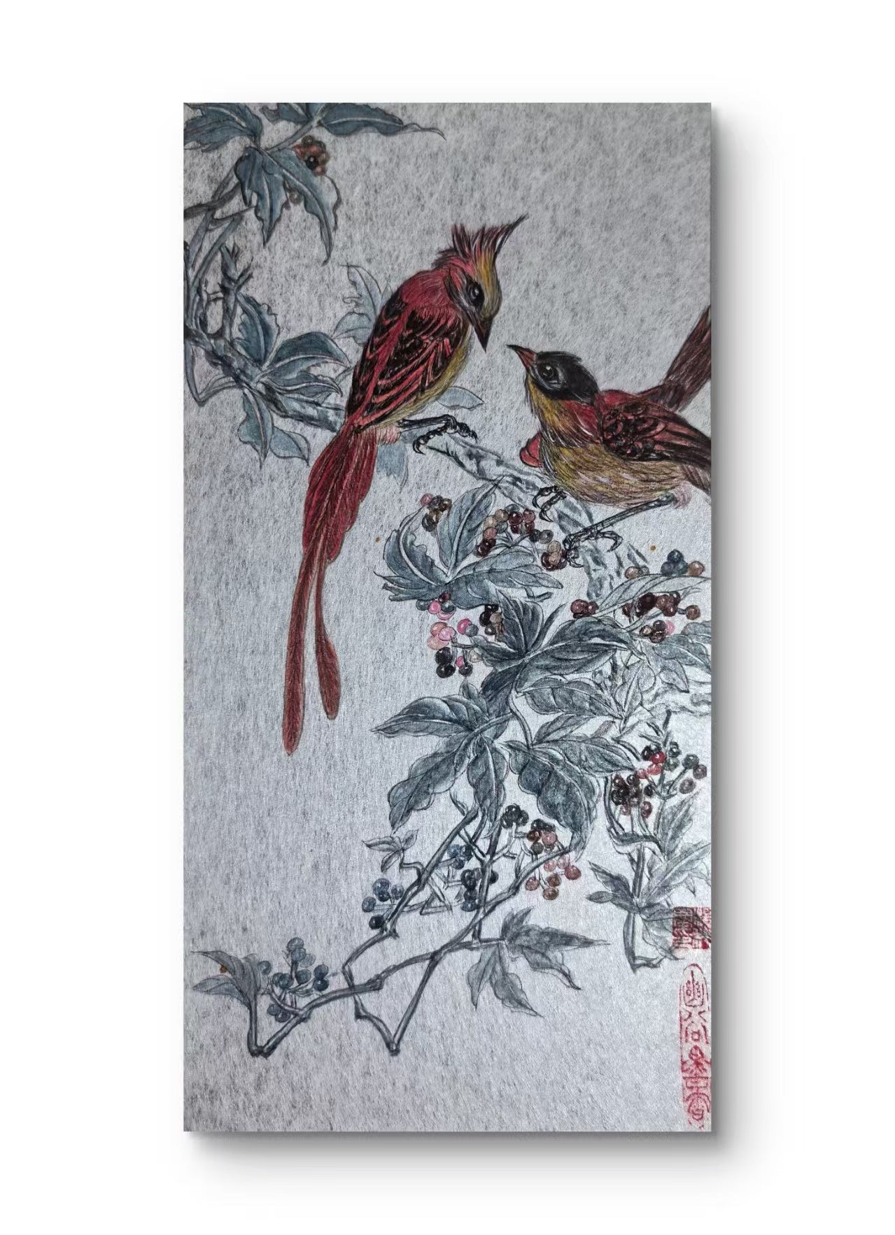 Crimson Harmony - Ink and Color 9.8'' × 5.1'' | Chinese Original Painting | Magic Bear Art