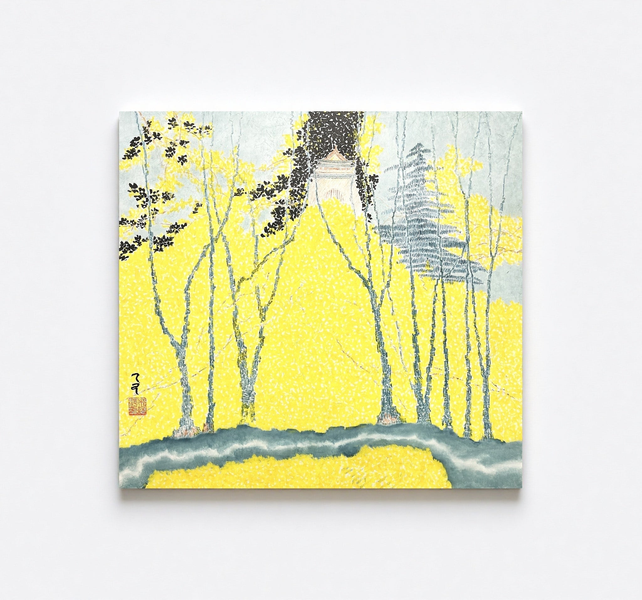 Golden Autumn | ink and color painting 19.3''× 18.1'' | Original Painting by Chinese Artist | Magic Bear Art