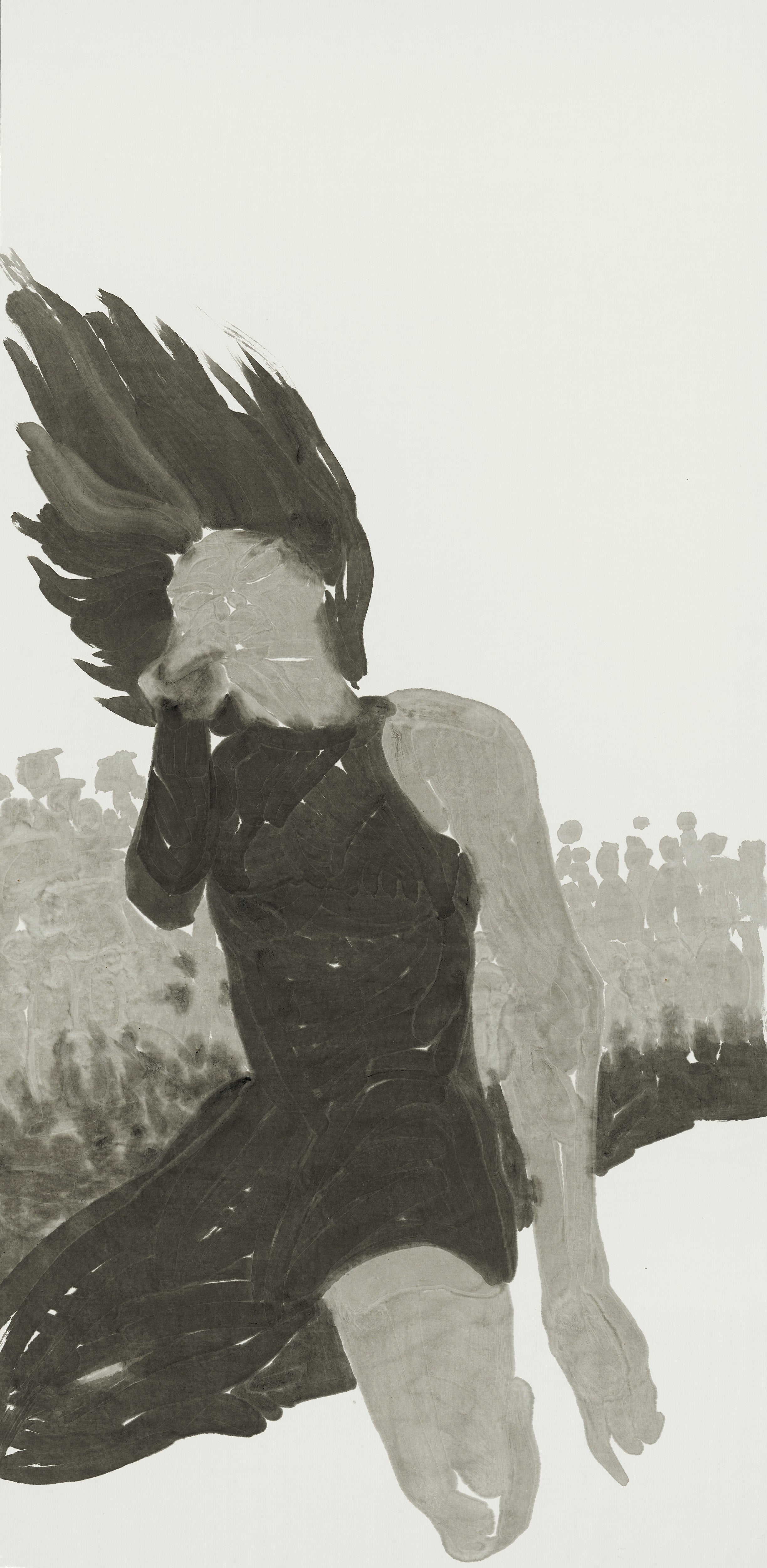 Original contemporary Chinese ink painting 'Shout' by He Jun, abstract expressive figure with a symbolic blue dot on thick Xuan paper, modern minimalist art with dark gold brushed aluminum frame, signed certificate of authenticity.