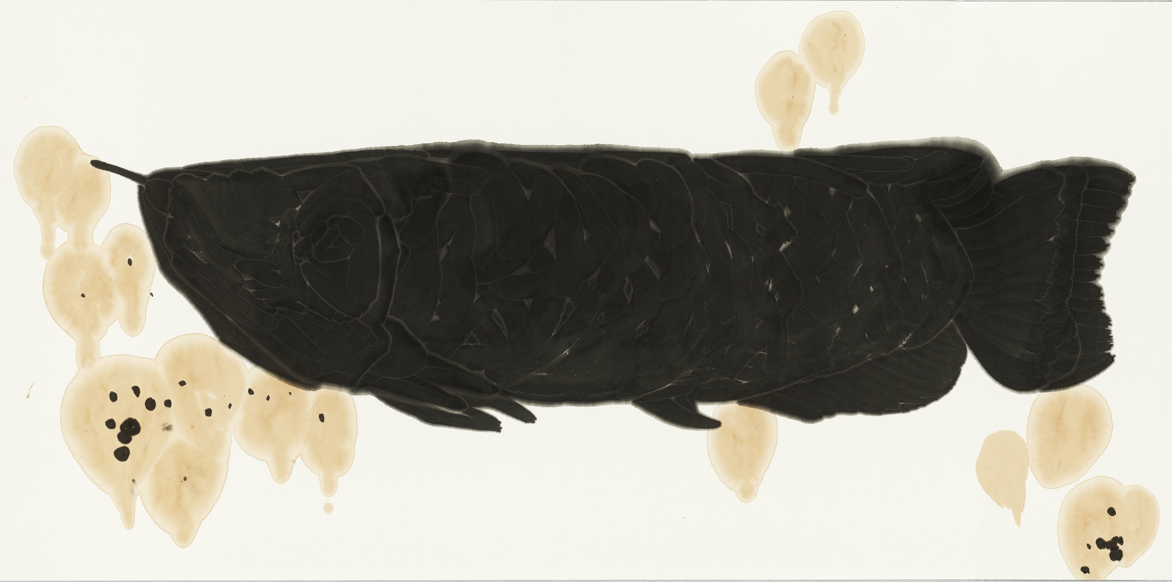 Original contemporary Chinese ink and tea wash painting 'The New Species' by He Jun, abstract organic life forms on thick Xuan paper, meditative spiritual wall art with dark gold aluminum frame, premium fine art collectible.