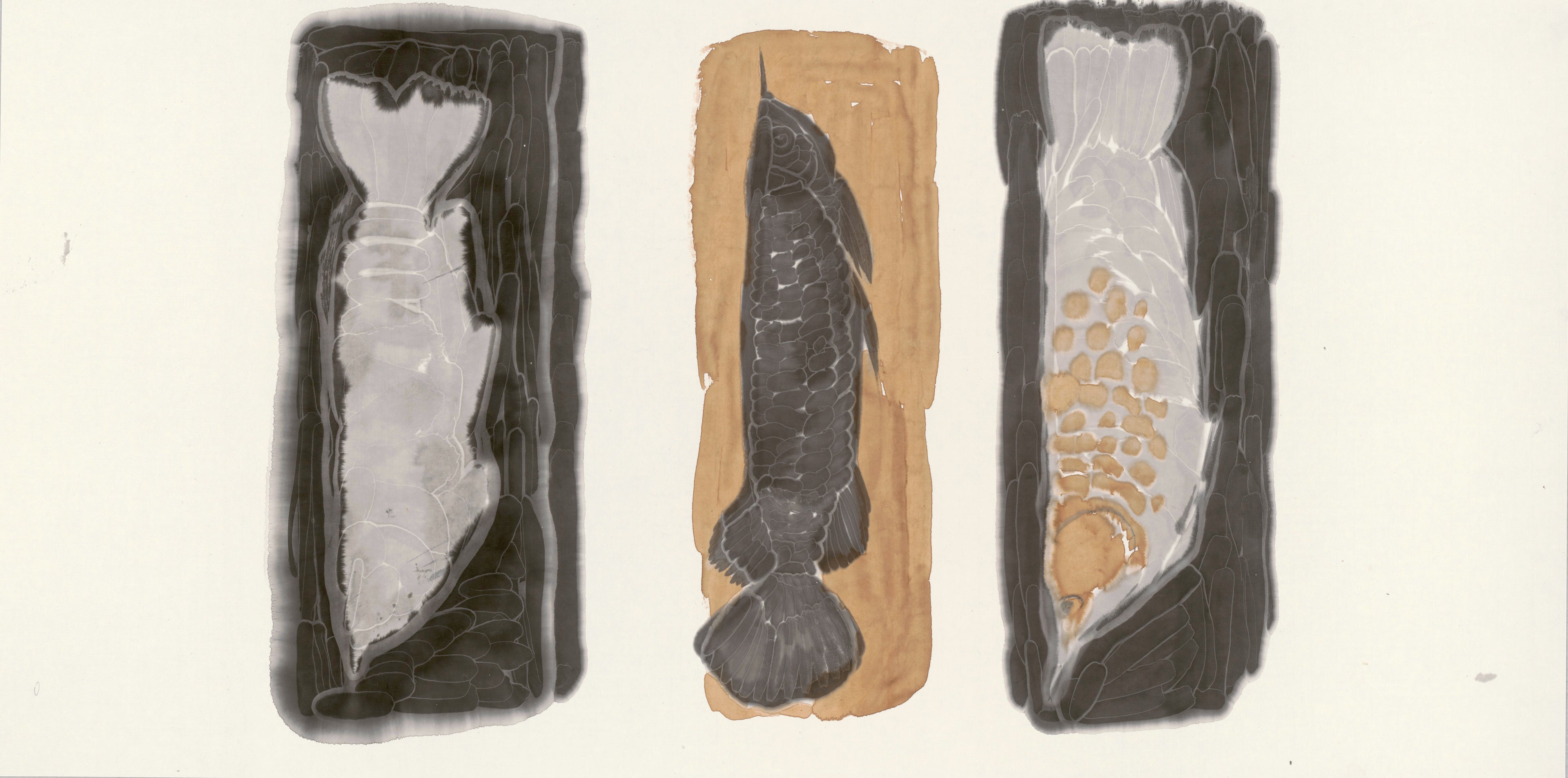 Original contemporary Chinese ink and tea painting 'The New Species' by He Jun, abstract organic forms with unrepeatable textures on thick Xuan paper, masterfully controlled tea and ink diffusion, dark gold brushed aluminum frame.