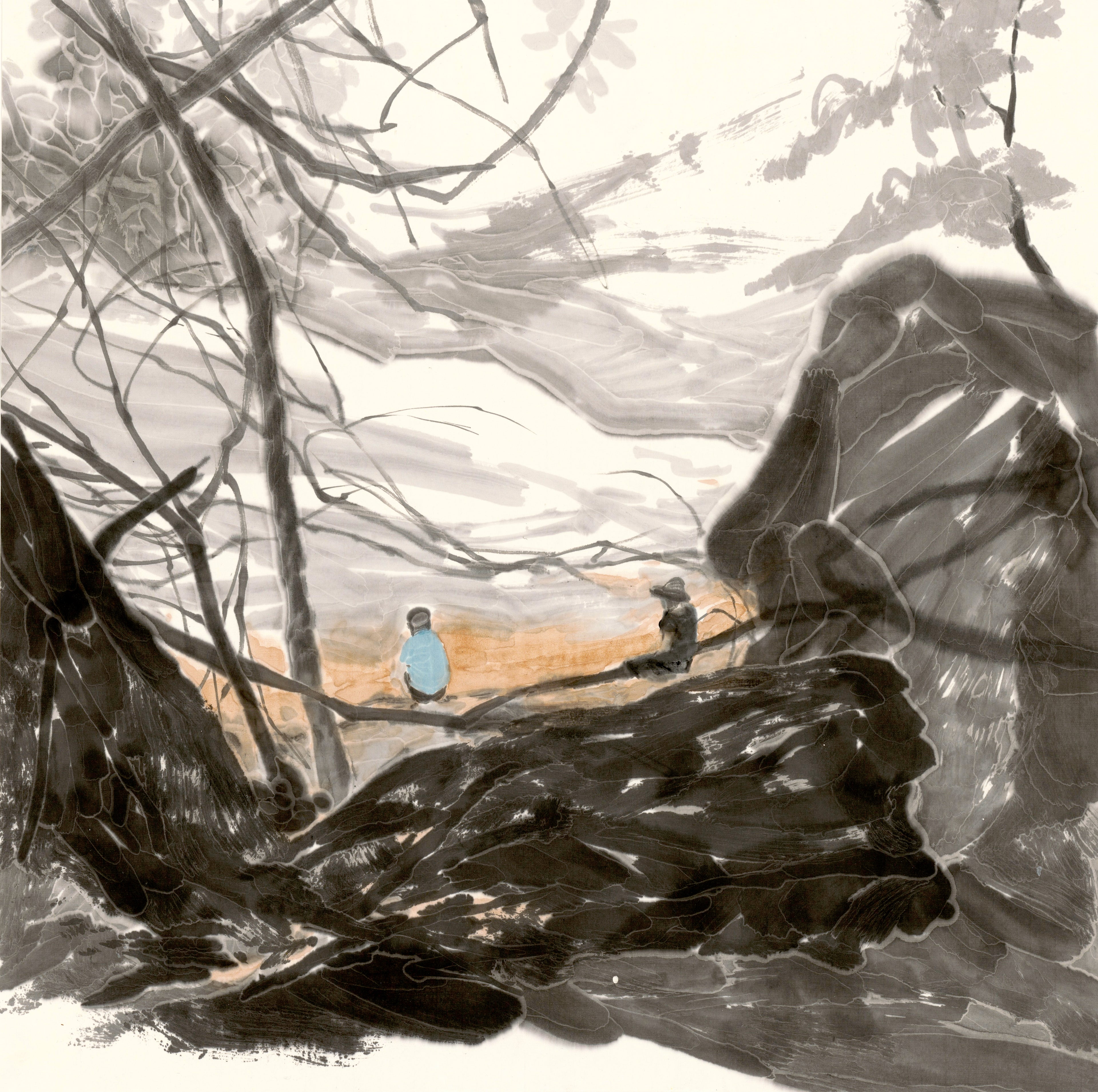 Original contemporary Chinese ink painting 'The Stream' by He Jun, minimalist abstract landscape on thick Xuan paper, zen-style spiritual wall art with dark gold brushed aluminum frame, premium fine art collectible.