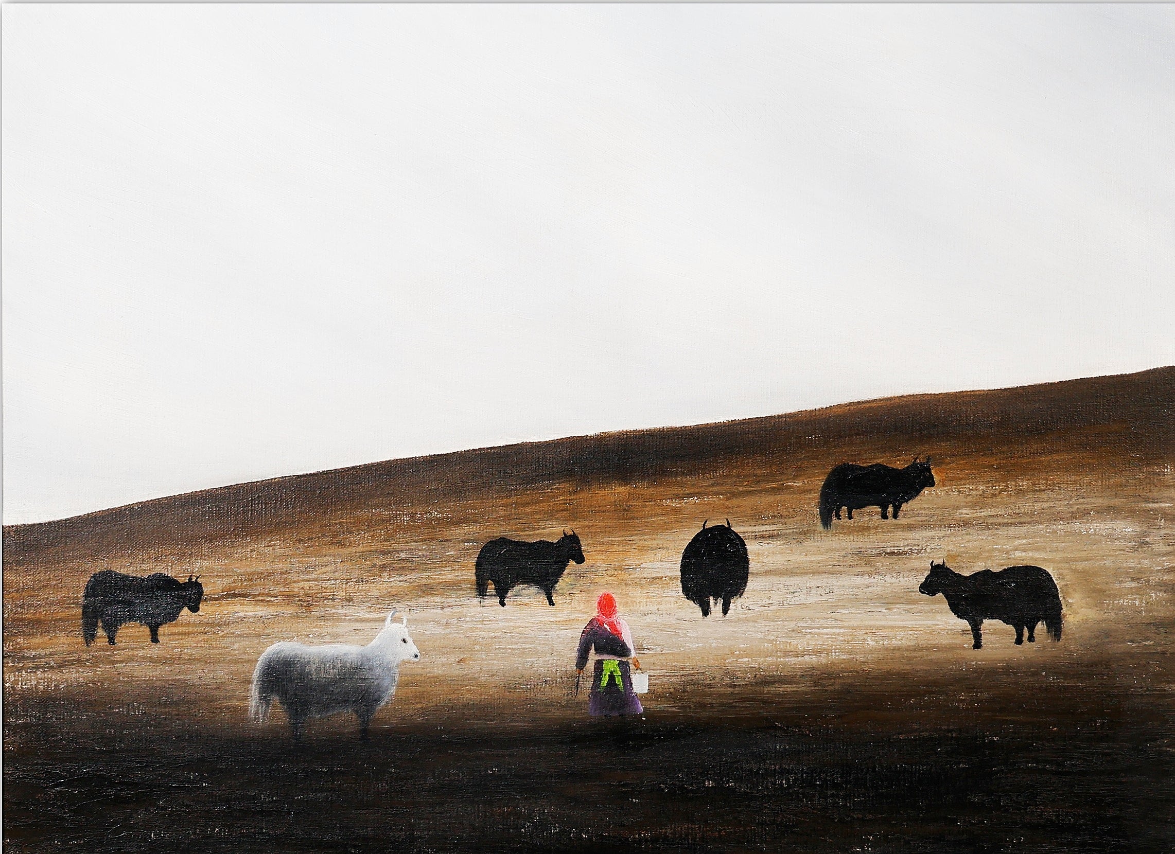 Original oil painting 'Pastoral Labor' by Liu Xiaoning, Tibetan woman and yaks in a vast highland pasture, naive and sincere art style from The Gaze Upon Tibet series, minimalist black aluminum frame, premium collectible fine art.