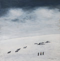 Original contemporary painting 'The Gaze Upon Tibet' by Liu Xiaoning, Tibetan herders and yaks in a vast snowy landscape on Xuan paper, mystical and tranquil winter mountain scene, premium wall art with black aluminum frame.