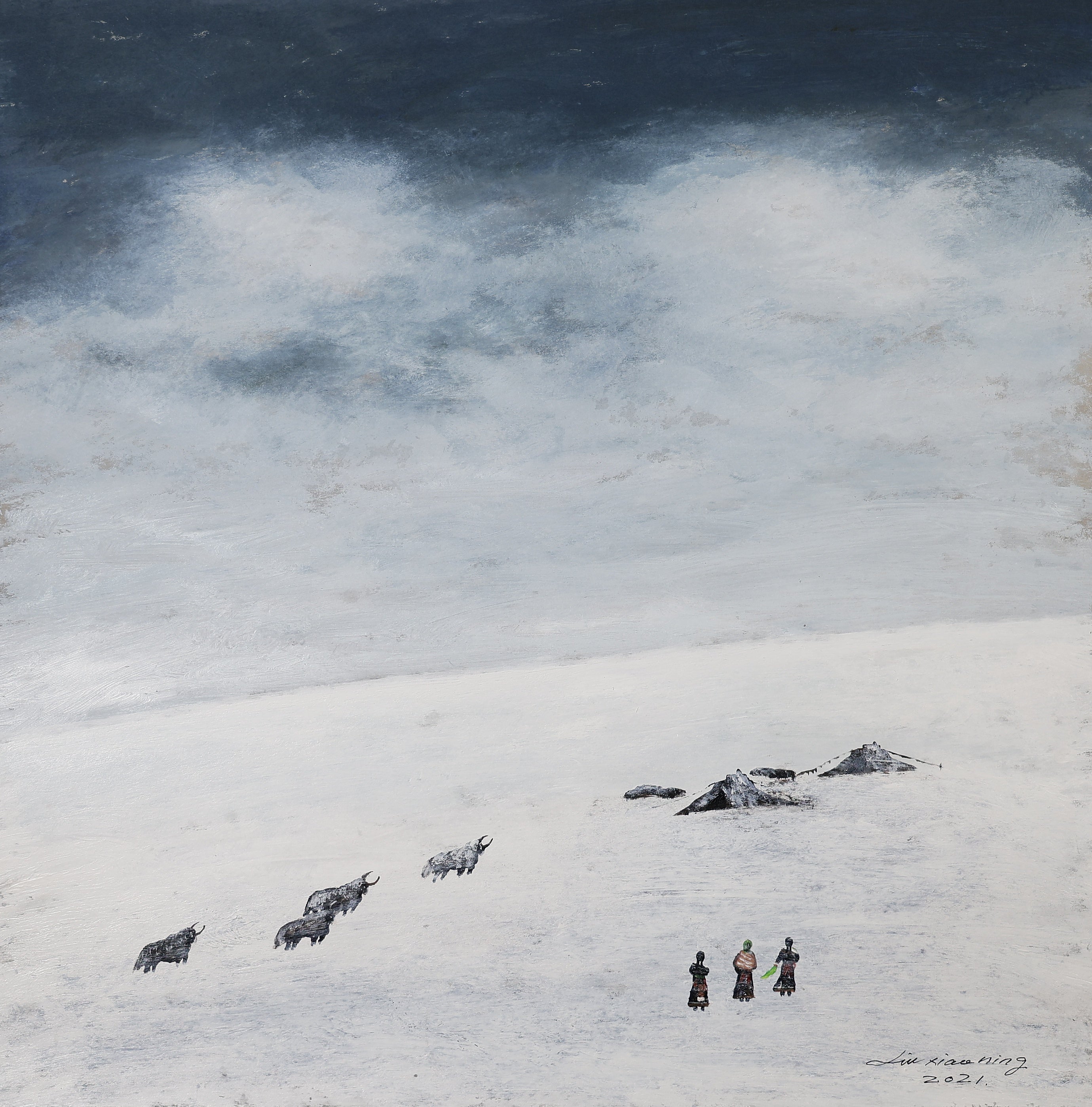 Original contemporary painting 'The Gaze Upon Tibet' by Liu Xiaoning, Tibetan herders and yaks in a vast snowy landscape on Xuan paper, mystical and tranquil winter mountain scene, premium wall art with black aluminum frame.