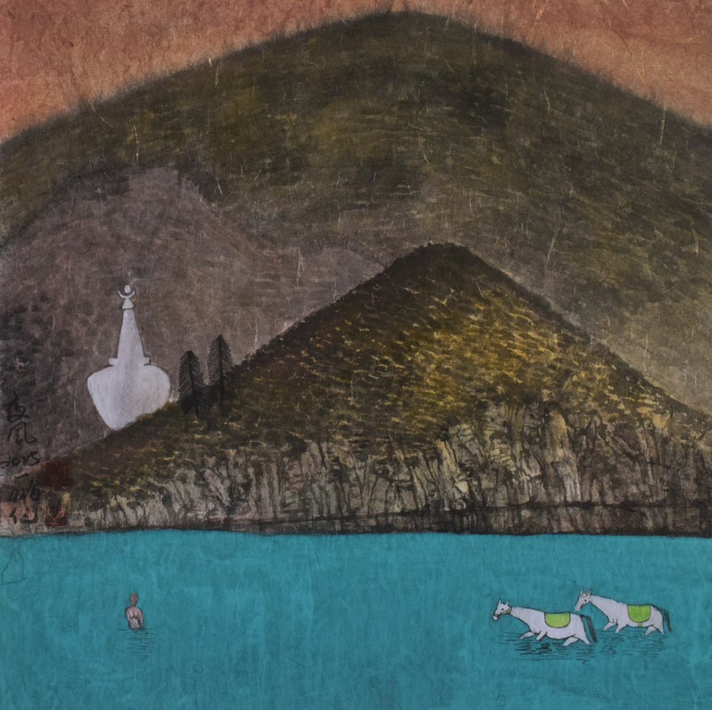 Original contemporary Chinese ink and color painting 'Night Wind' by Liu Yipeng, two white horses on blue water with layered mountains on Xuan paper, zen-style spiritual wall art with black aluminum frame, high-end fine art collectible.